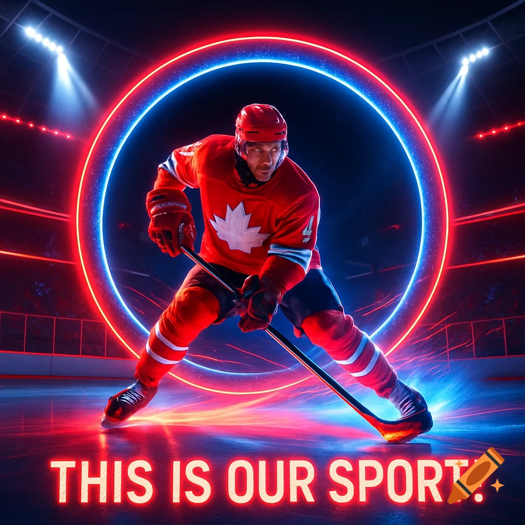 Canadian hockey player in a red jersey on ice, framed by glowing red and blue neon rings, with 'THIS IS OUR SPORT!' text below.