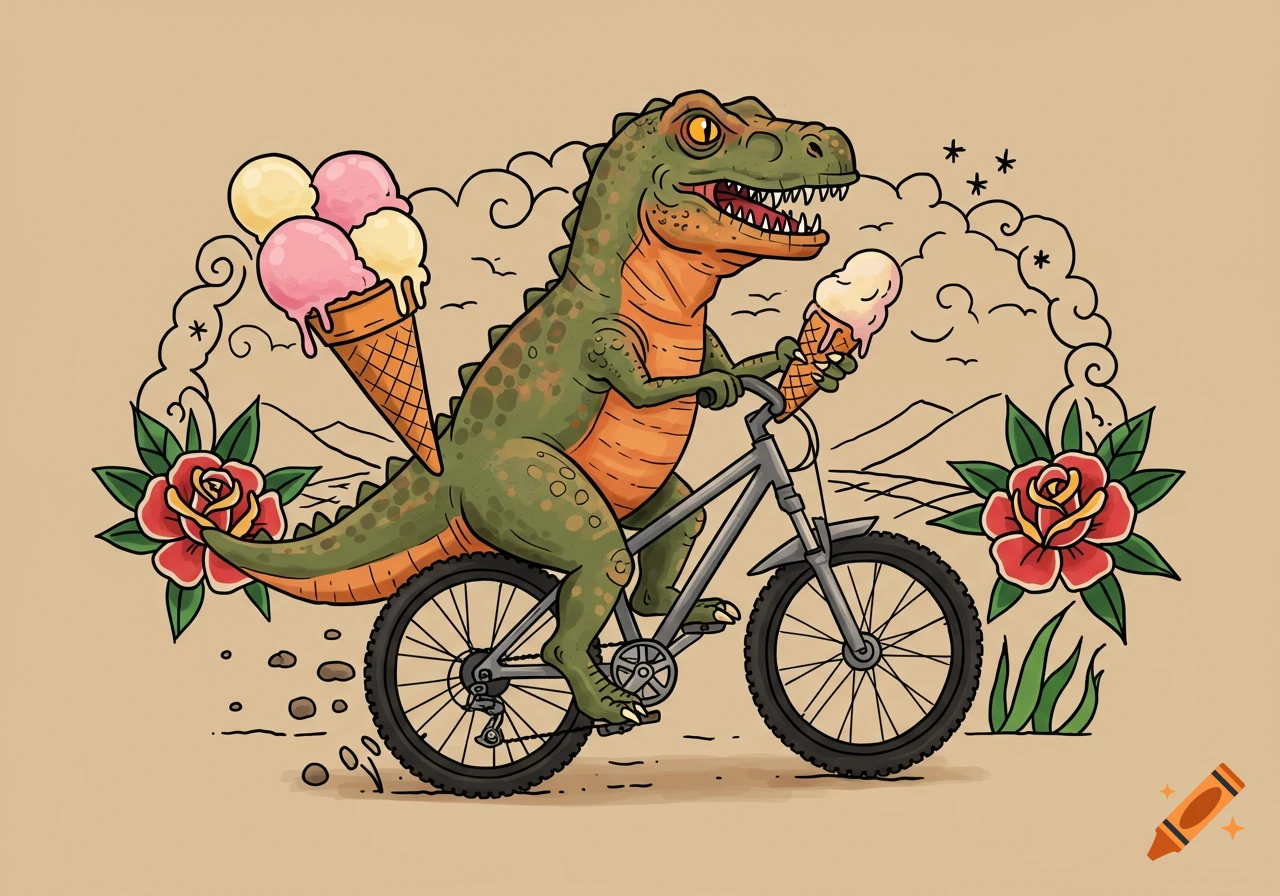 Traditional tattoo style illustration of a green dinosaur riding a mountain bike, holding ice cream, with roses in the background.