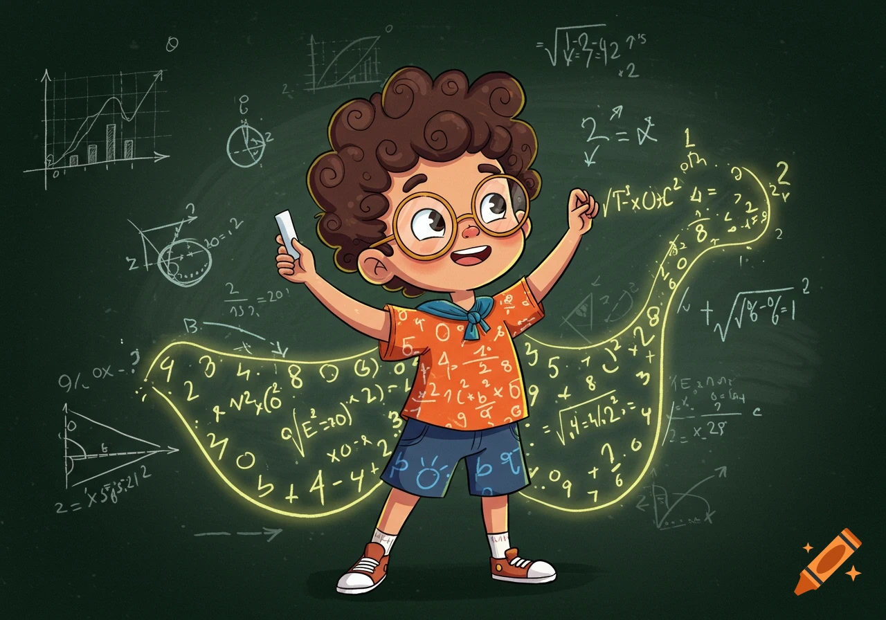 A happy cartoon boy with curly hair and glasses holds chalk, standing in front of a chalkboard covered in math equations and glowing symbols.
