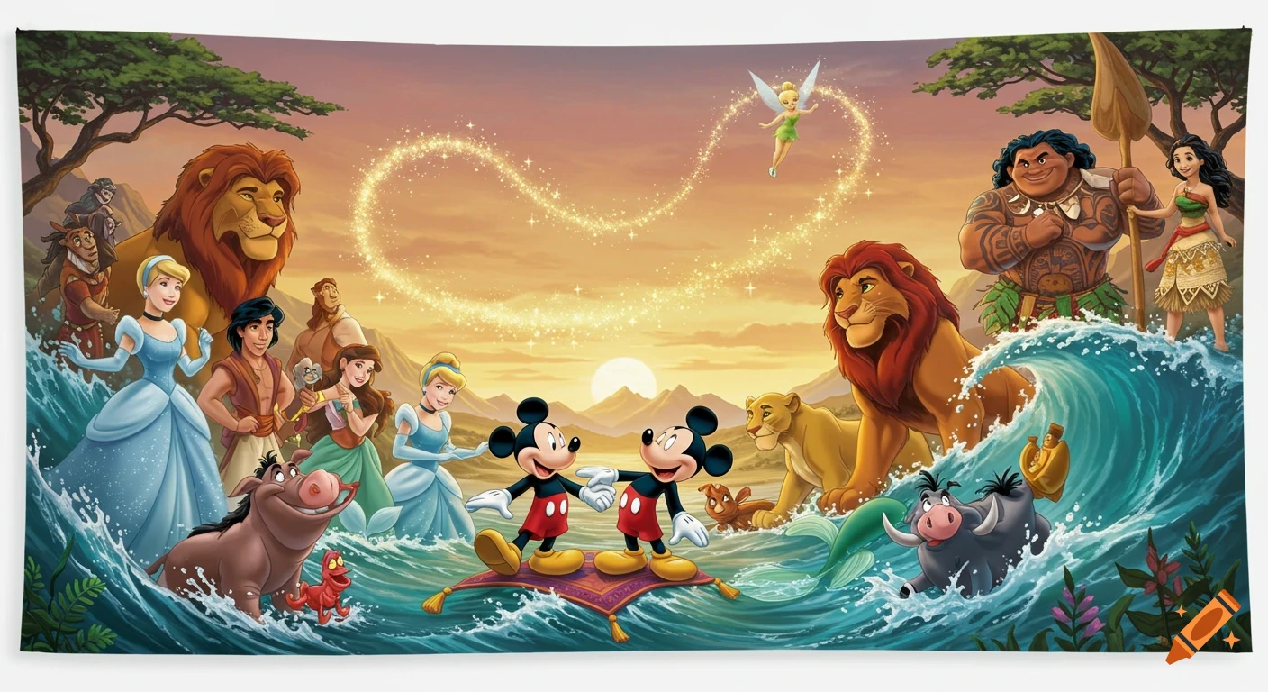 An epic illustration featuring numerous Disney characters like Mickey Mouse, Cinderella, Simba, Moana, and Maui, gathered in a fantastical landscape with a sunset and magical effects.