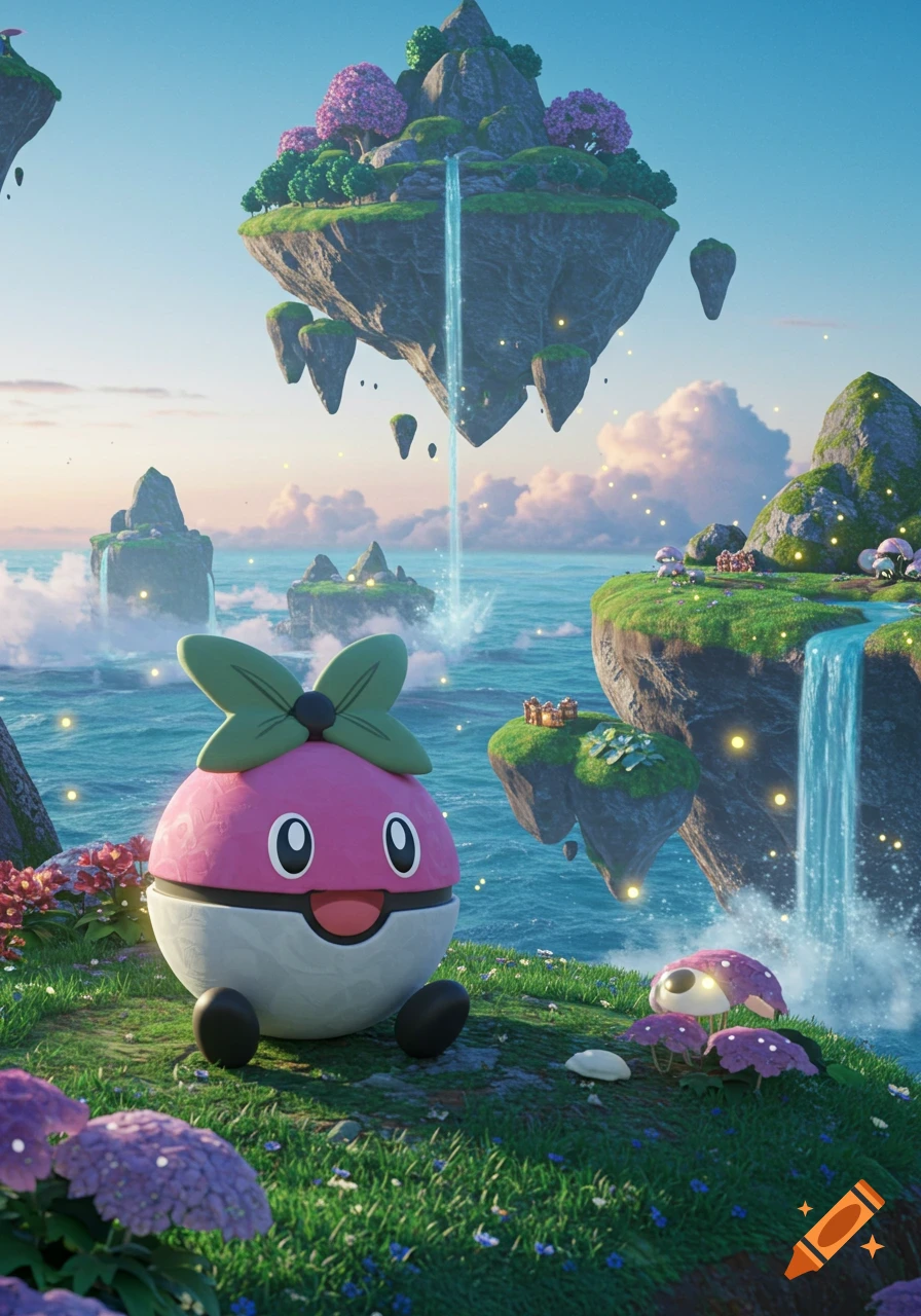 A smiling, pink and white, Poké Ball-like creature with green leaves on its head sits on a grassy floating island amidst other islands with waterfalls and a sparkling ocean.