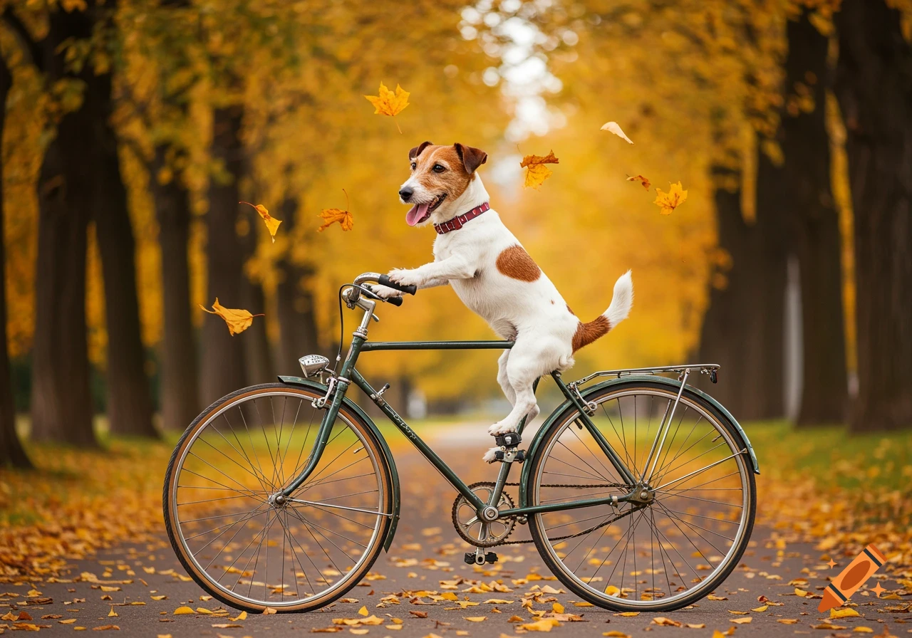 A happy Jack Russell dog rides a bicycle down an autumn path with vibrant yellow leaves and trees.