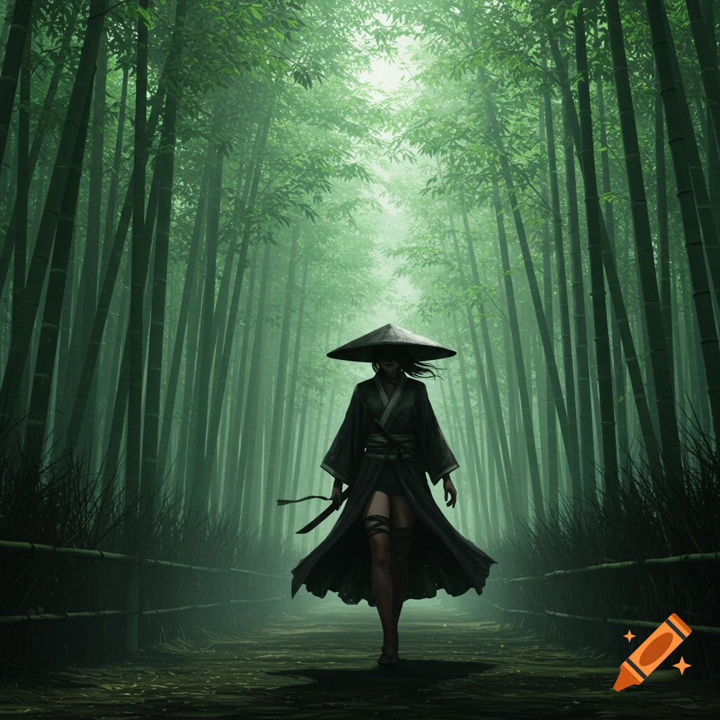 A Japanese female in a wide-brimmed hat and black robes walks through a misty bamboo forest, digital art.