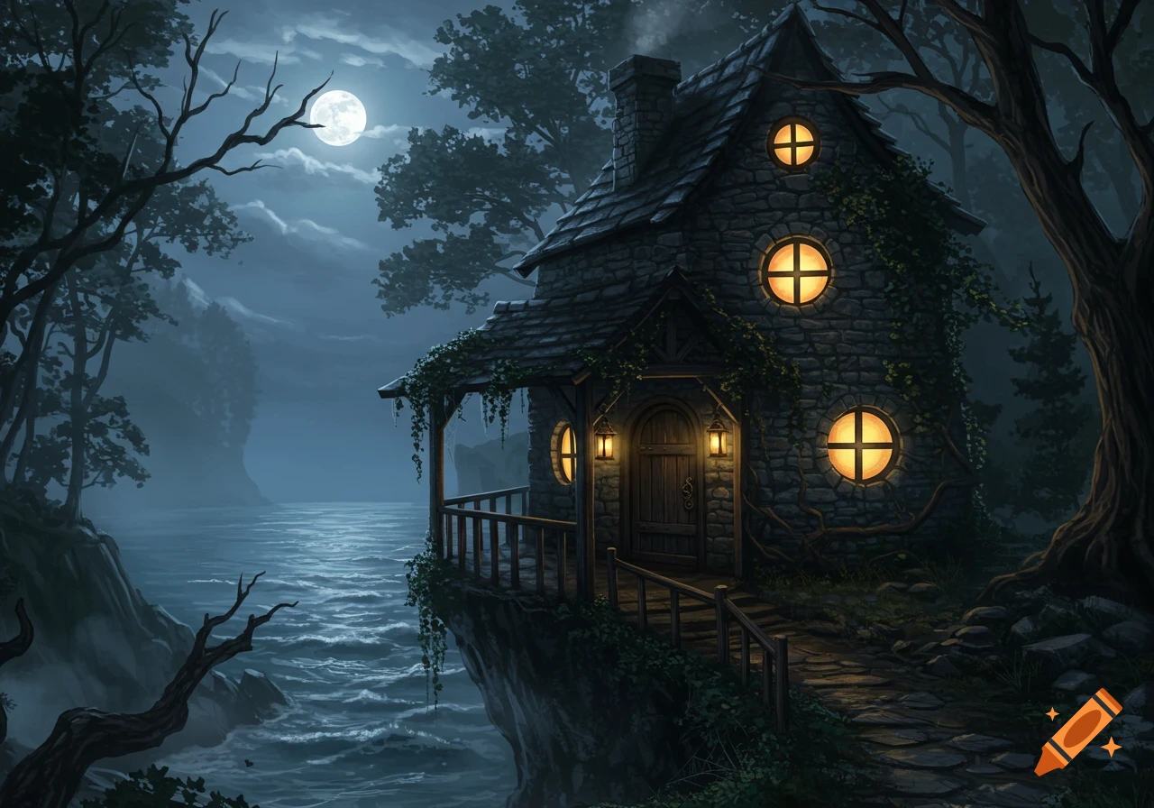 A stone house perched on a cliff overlooks a moonlit sea, surrounded by dark trees under a full moon in a fantasy style.
