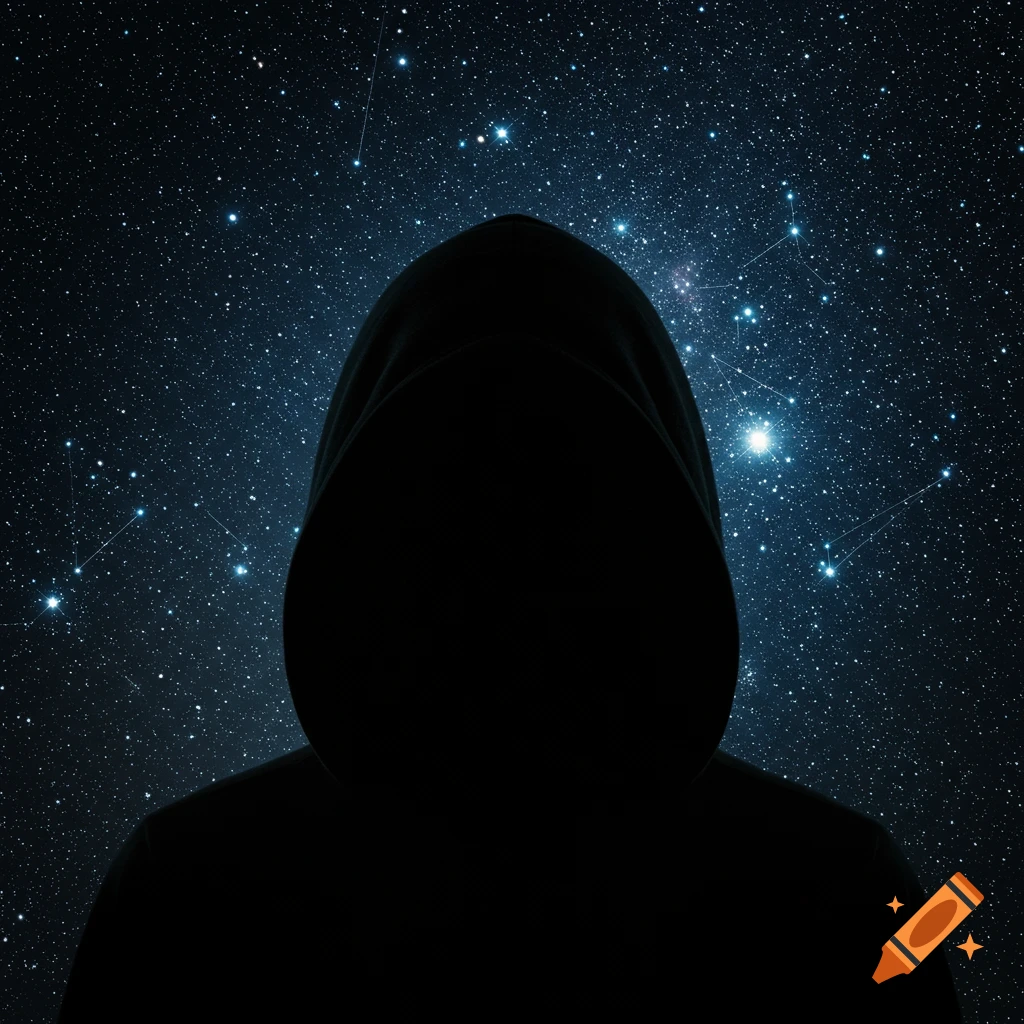A silhouette of a person in a black hood stands against a vast, starry night sky.