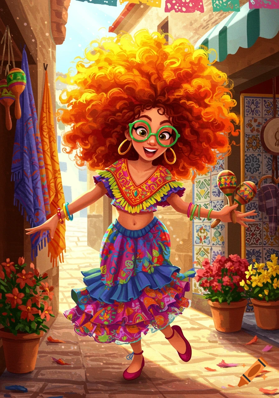 A vibrant cartoon illustration of a cheerful woman with huge orange curly hair, green glasses, and a colorful dress, holding maracas in a sunny, festive street.