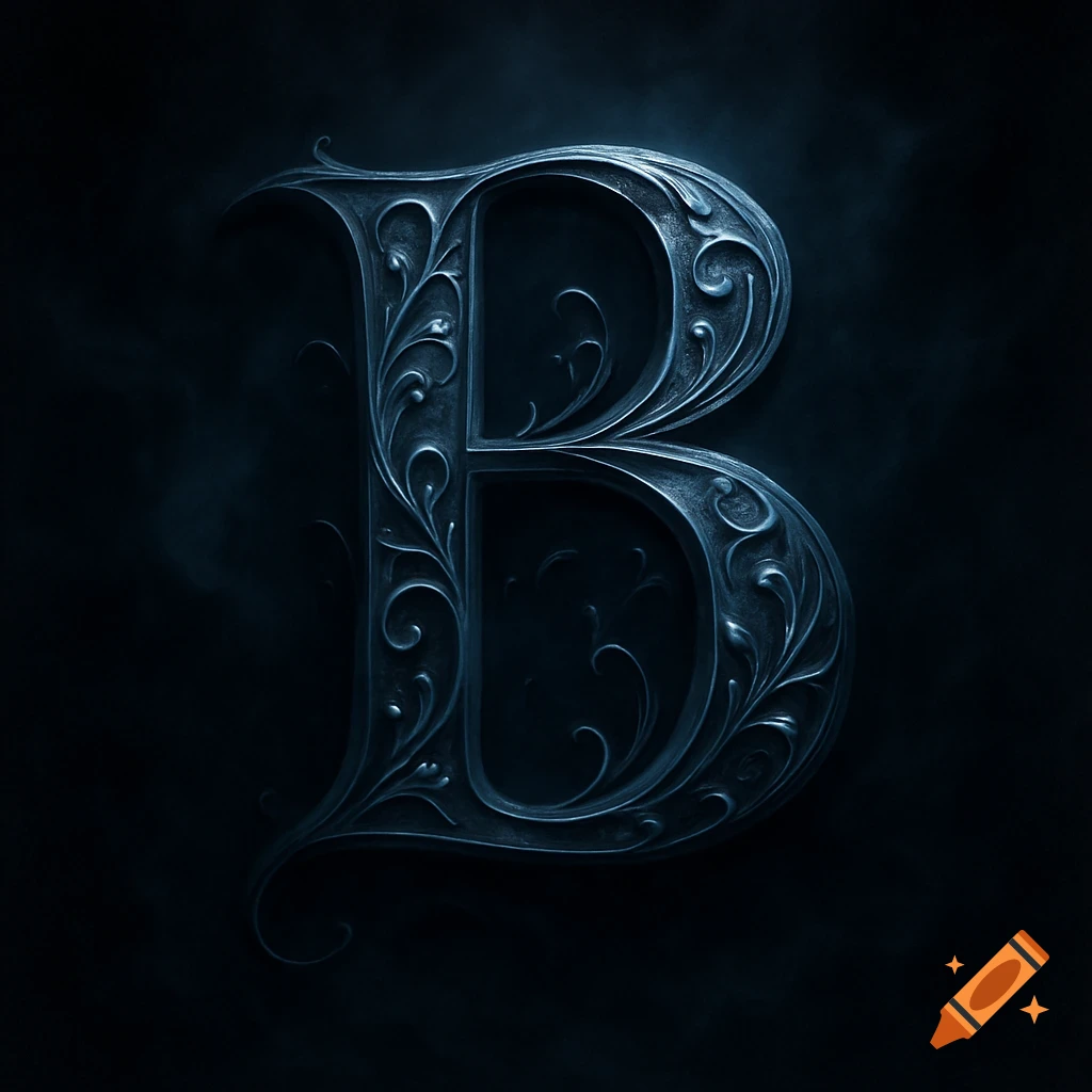 Ornate metallic letter B on a dark background.