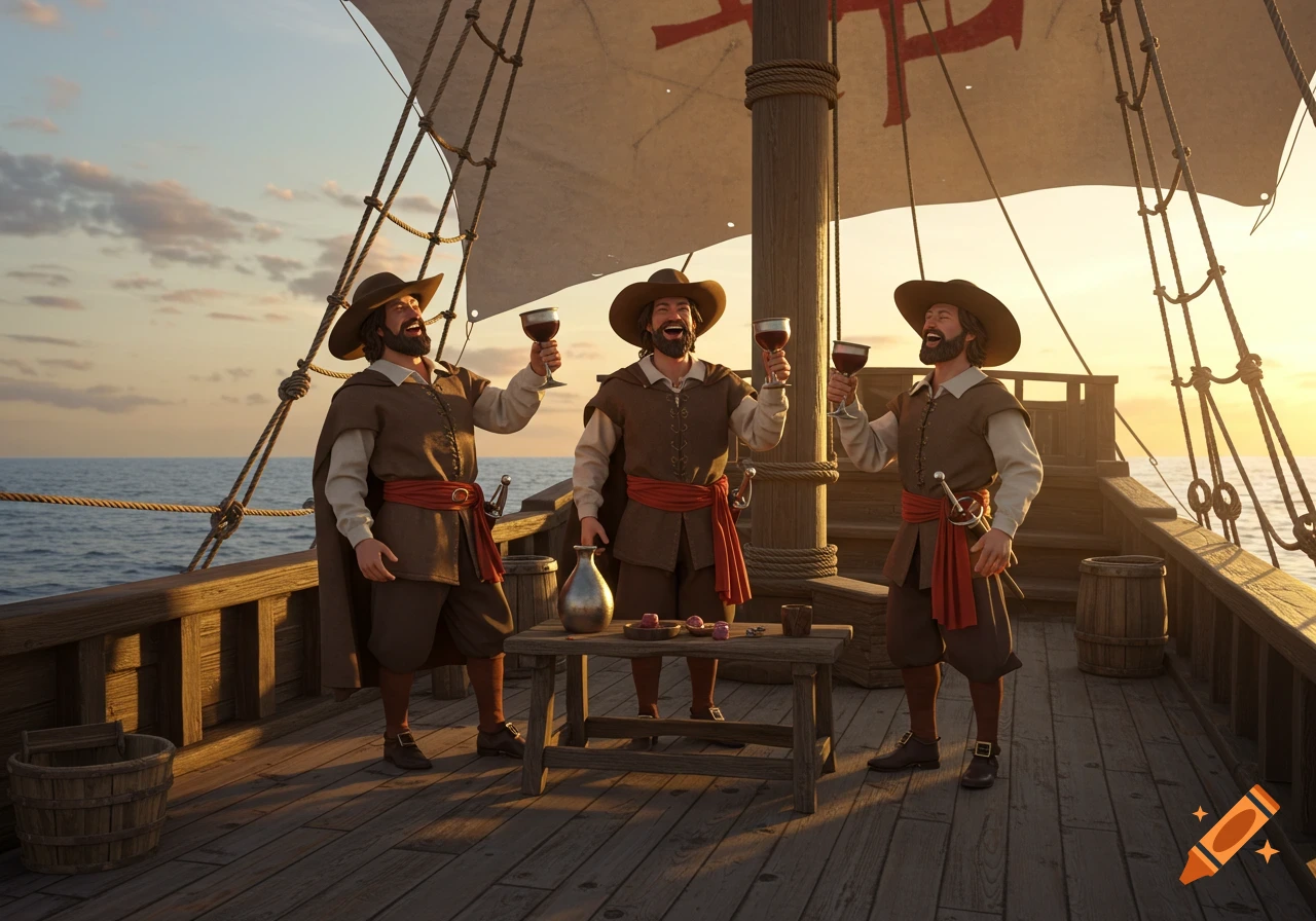 Three cheerful 16th-century Portuguese navigators in period attire toast with wine goblets on a caravel deck at sunset, photorealistic style.
