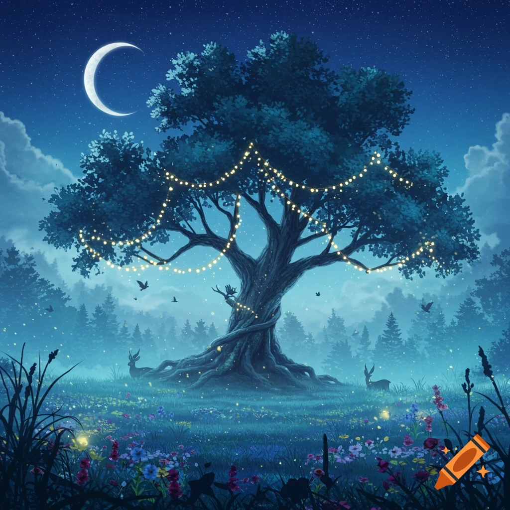 An illustrated fantasy night scene featuring a large tree with string lights in a moonlit forest clearing, with deer and flowers.