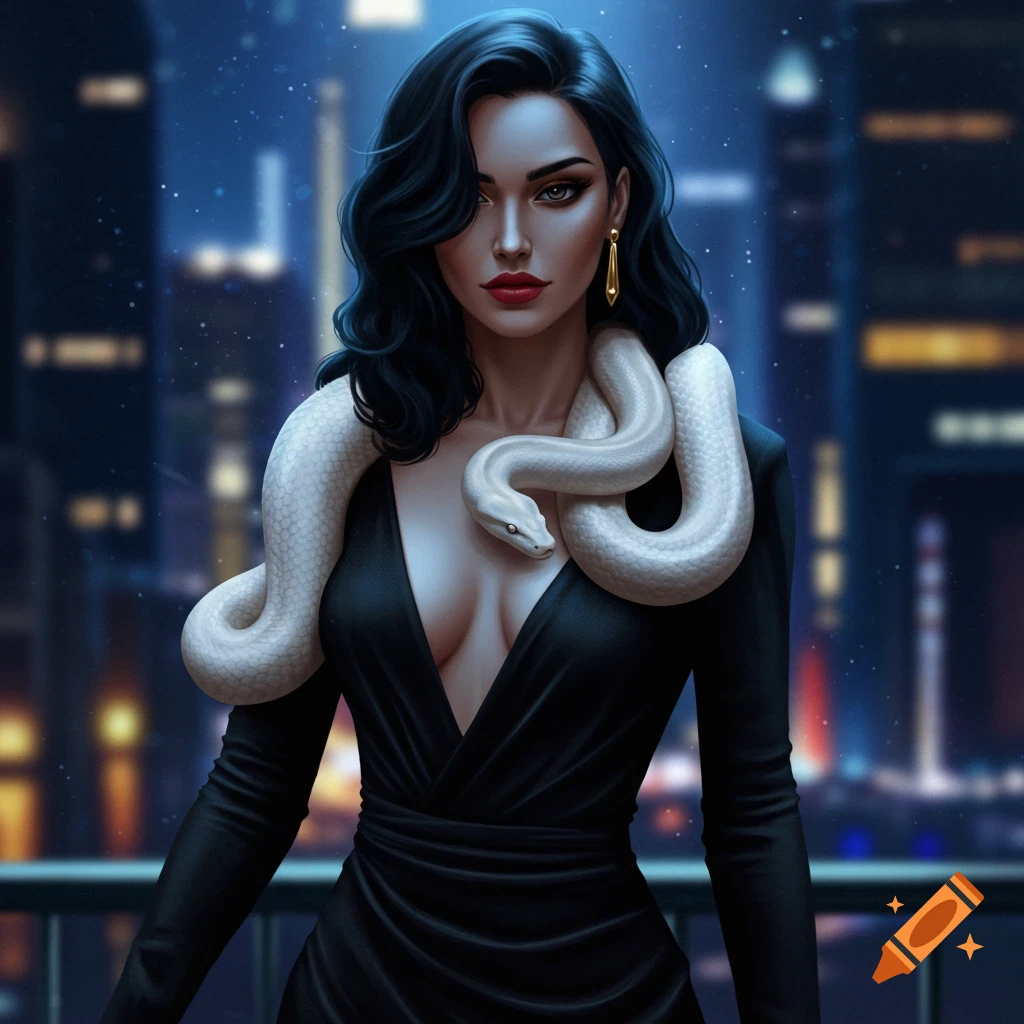 A chic animated woman in a black dress with a white python wrapped around her shoulders against a city night background.