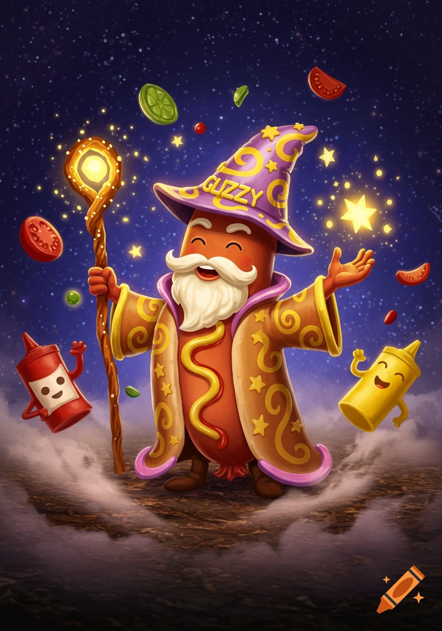 A whimsical illustration of a smiling cartoon hot dog wizard in a gold robe and purple 'GLIZZY' hat, holding a glowing staff, with ketchup, mustard, and vegetables floating around him under a starry sky.