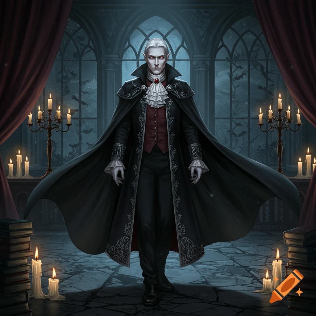 A pale vampire with white hair and red eyes stands in a dark, gothic chamber with arched windows, red curtains, and lit candles.