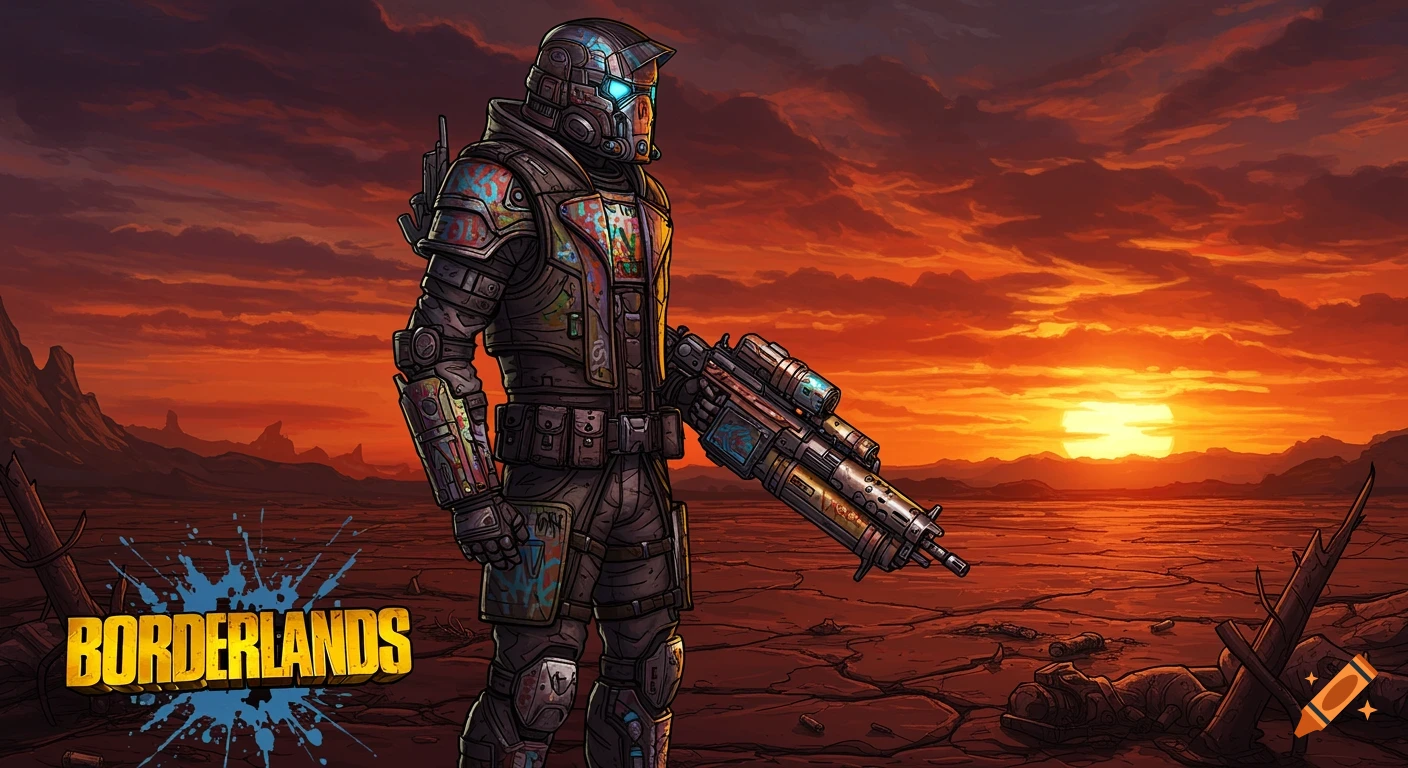 A cel-shaded sci-fi soldier with a rifle stands in a barren, rocky landscape under an orange sunset, with the 'Borderlands' logo.