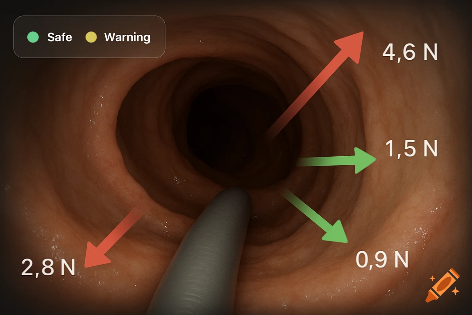 Medical view inside a colon with a probe. GUI overlays show red and green force vectors (4.6N, 1.5N, 2.8N, 0.9N) and a 'Safe'/'Warning' legend.