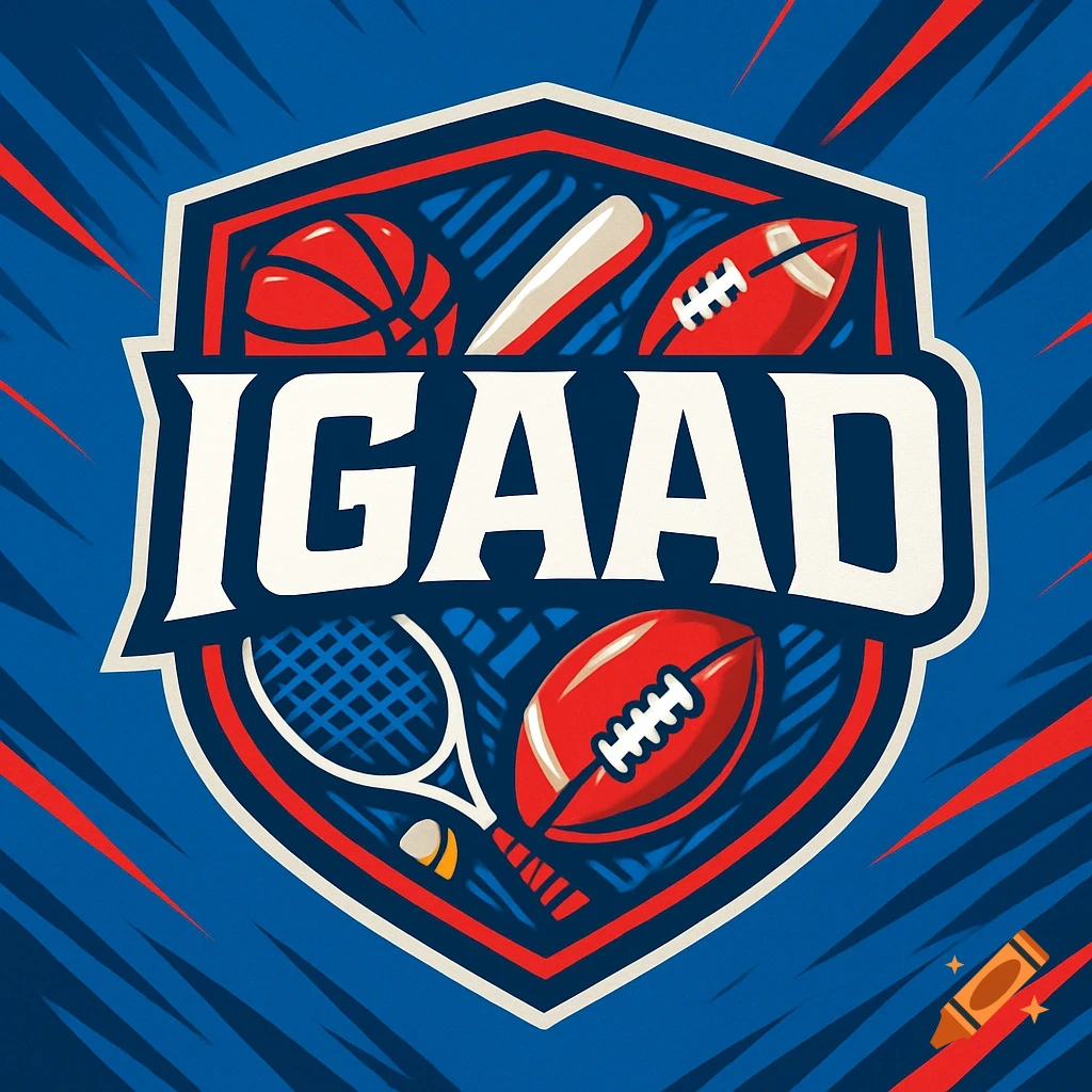 A vibrant sports logo shield with basketball, baseball bat, footballs, tennis racket, and the text IGAAD on a blue background.