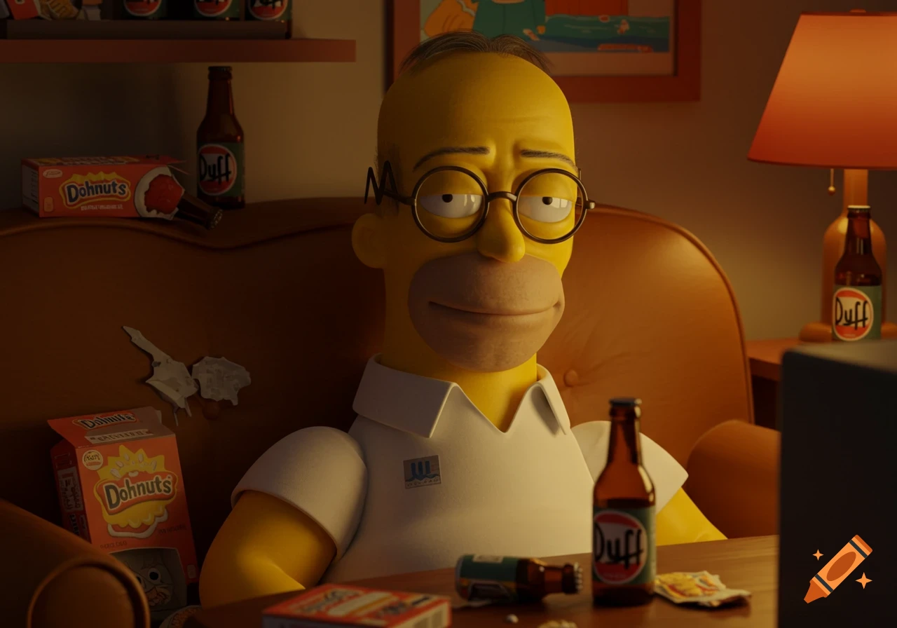 A photorealistic 3D rendering of Homer Simpson wearing glasses and a white polo shirt, sitting on a brown couch in a dimly lit room with Duff beer bottles and a Dohnuts box nearby.