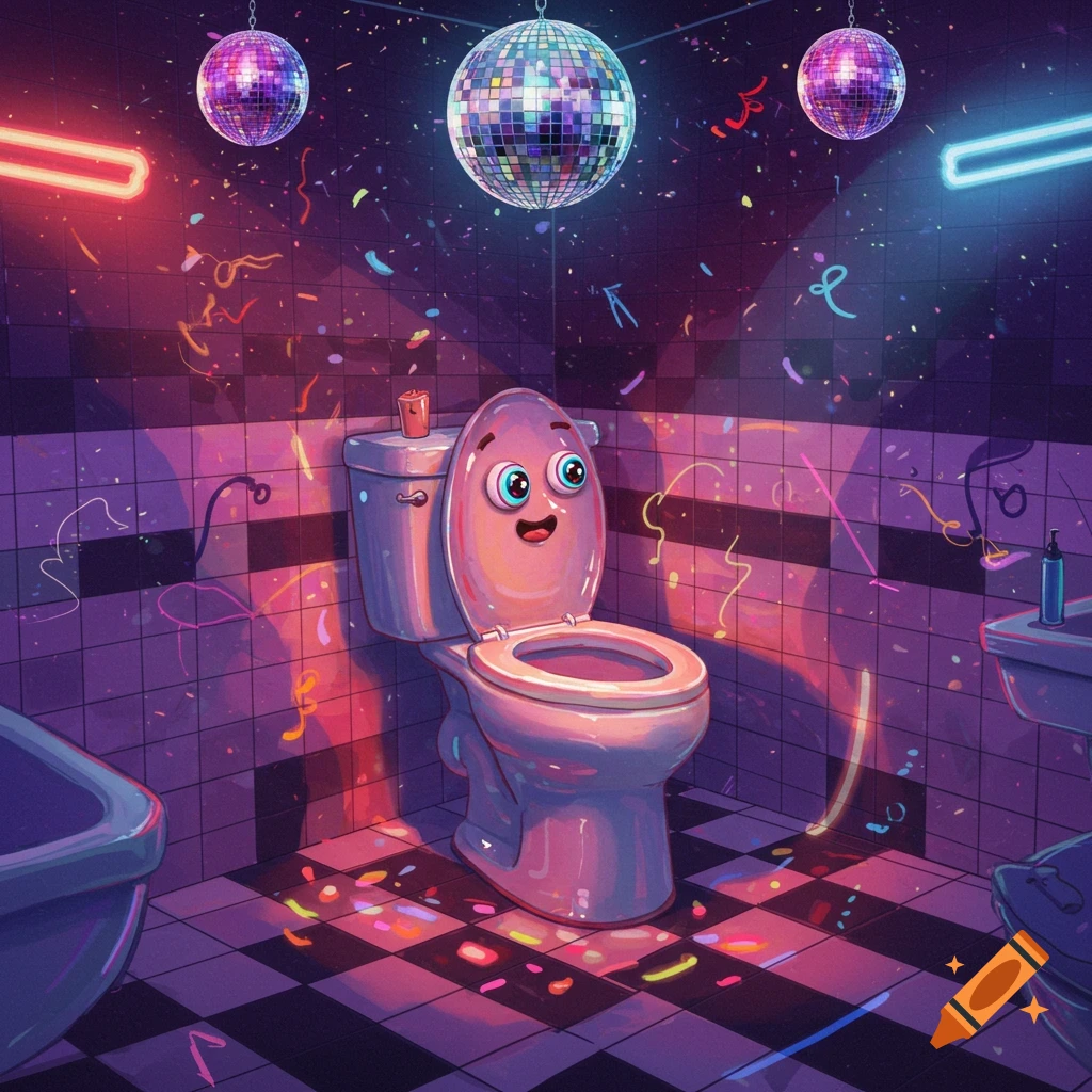 A whimsical cartoon toilet with a happy face in a disco-themed bathroom, surrounded by confetti, neon lights, and disco balls.