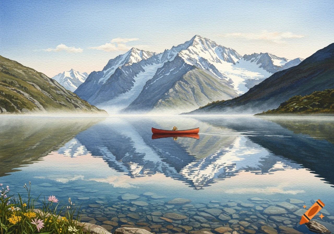 Watercolor painting of a red canoe on a clear mountain lake, snowy peaks reflecting, and foreground flowers.