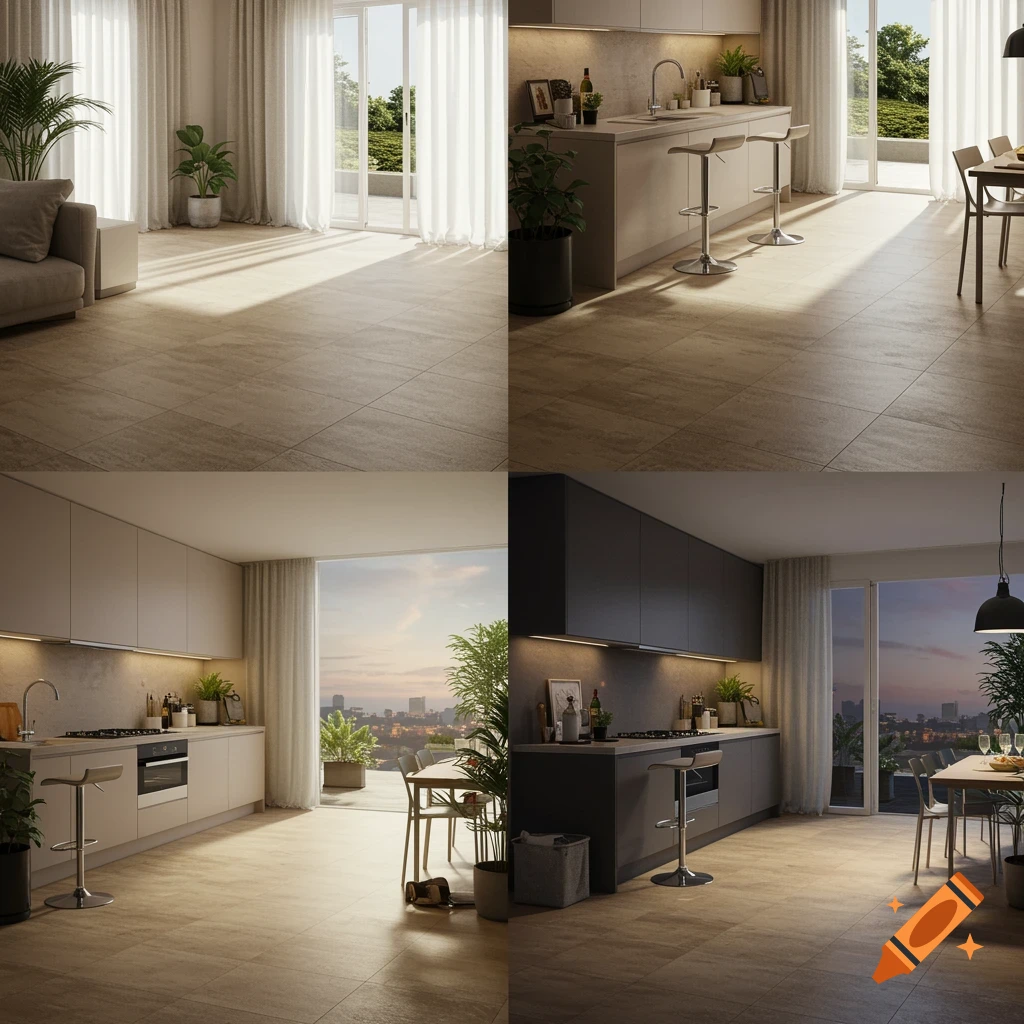 Four variations of a modern living room and kitchen interior featuring light-colored tiled floors, large windows, and contemporary furniture.