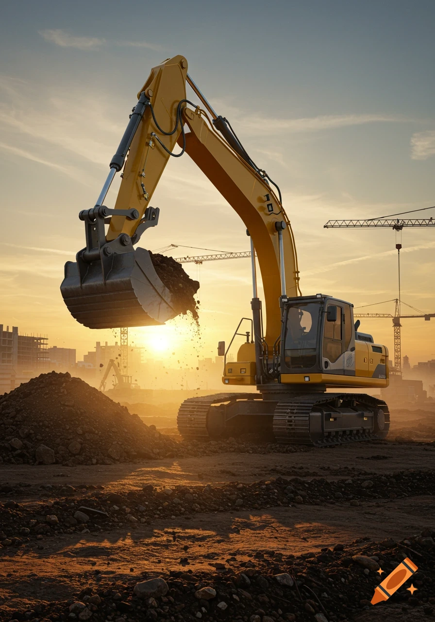 A large yellow excavator lifts its bucket, spilling dirt at a construction site during sunset, with cranes and buildings in the background.
