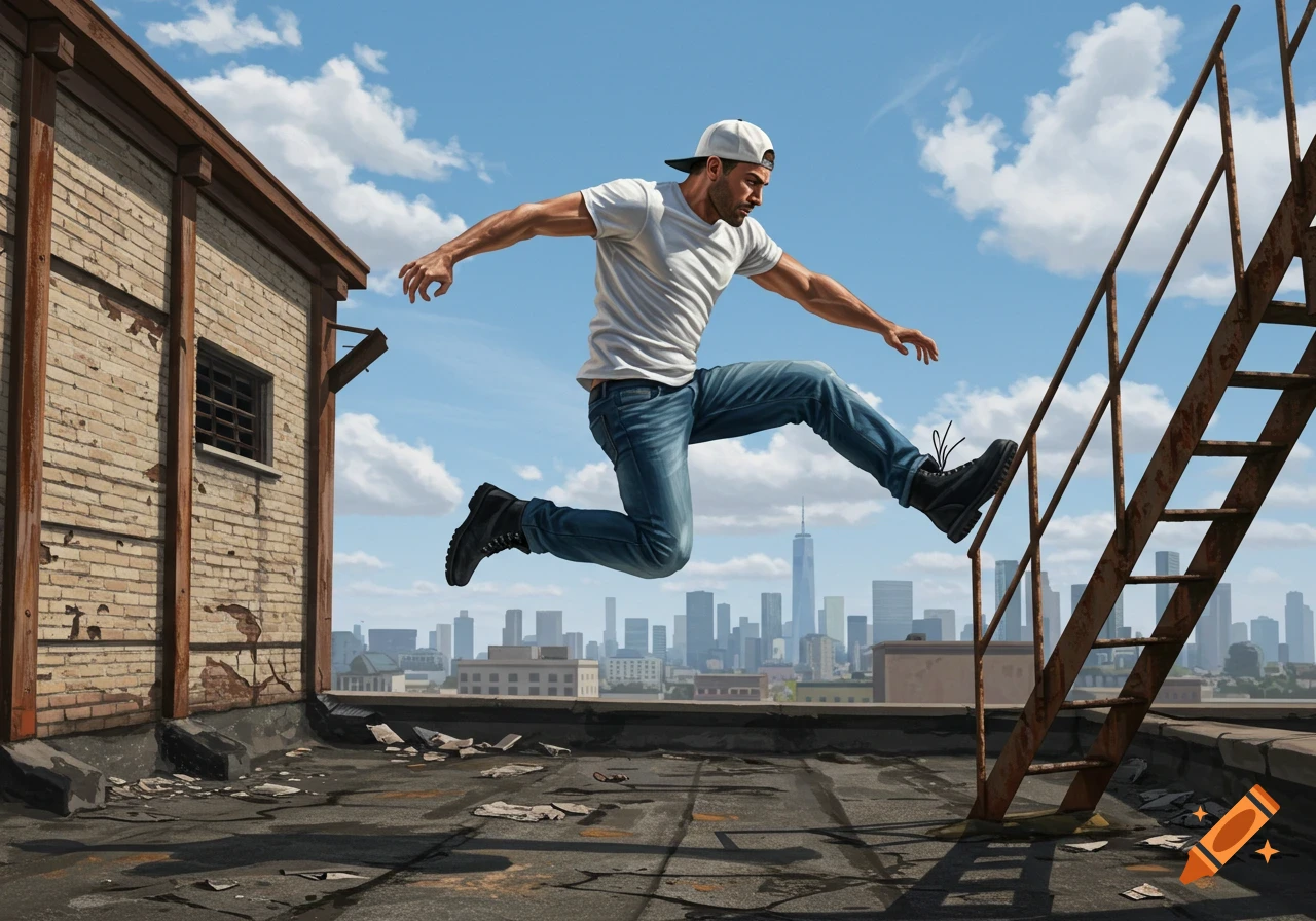 A man wearing a white t-shirt and jeans jumps from an abandoned rooftop towards a rusty fire escape, with a city skyline in the background.