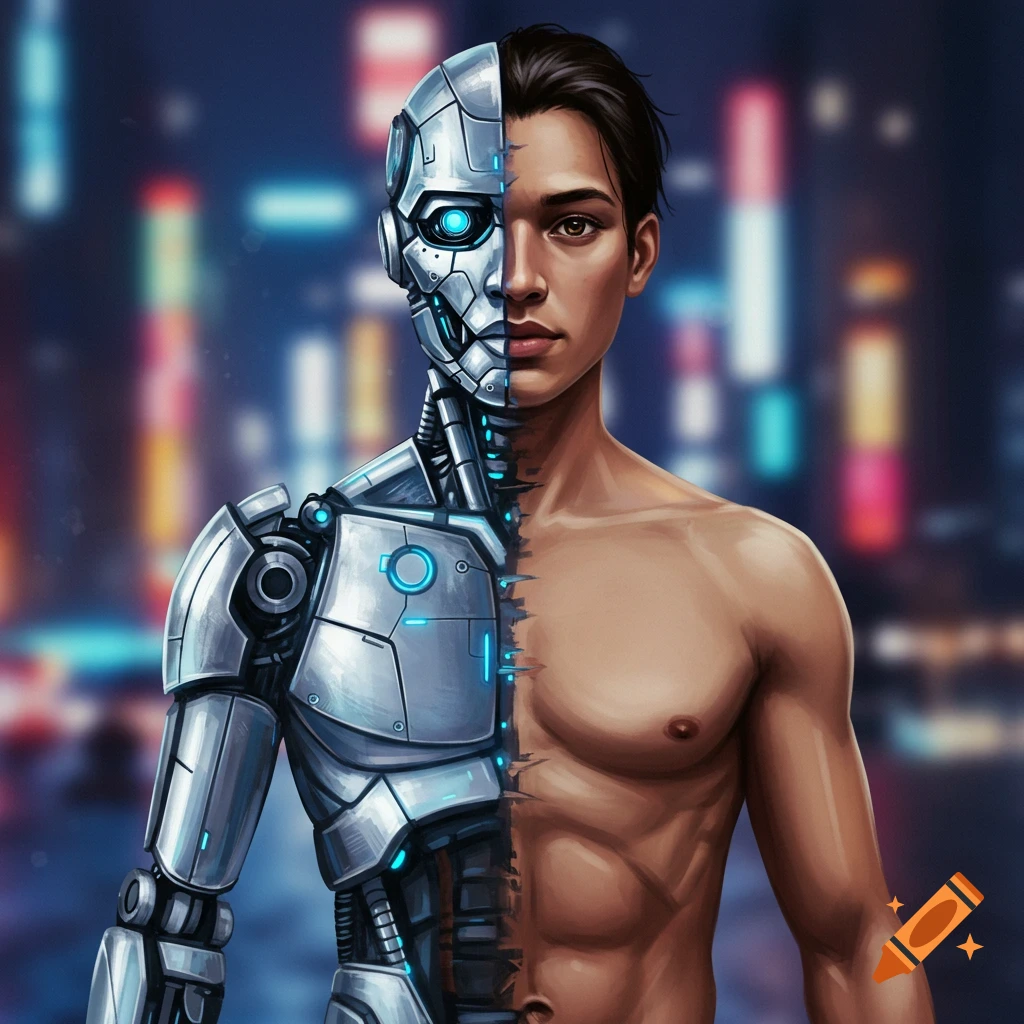 A male figure, half human and half robot, stands against a blurry cityscape, detailed in a digital art style.