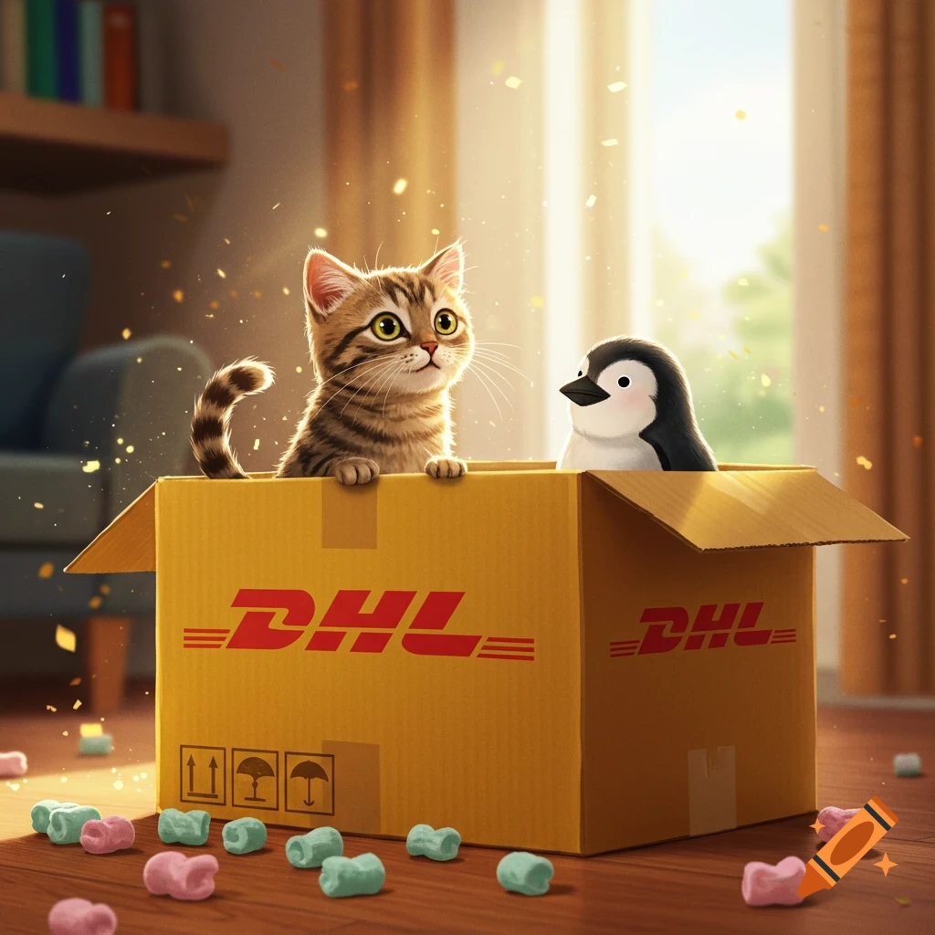 A cute tabby kitten and a baby penguin peek out of a DHL shipping box, surrounded by pink and teal packing peanuts and golden sparkles.