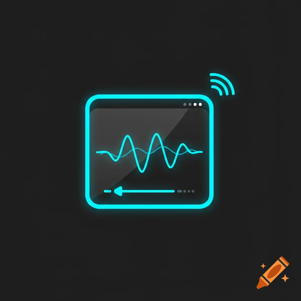 A glowing blue icon of a screen with a waveform and play button, and wifi symbols, on a dark background.