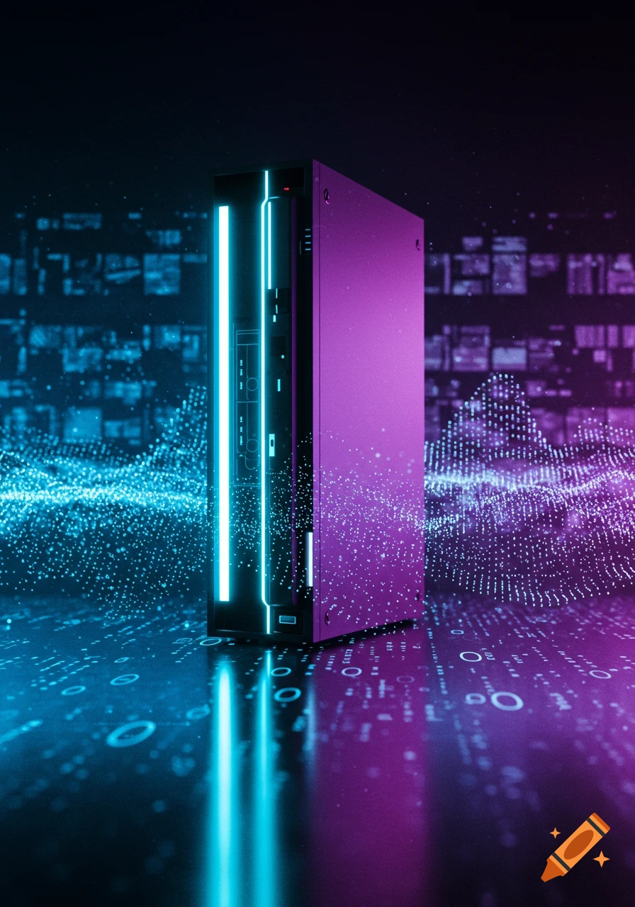 A sleek, dark computer tower with bright neon blue and magenta lights stands on a reflective surface with glowing digital patterns.