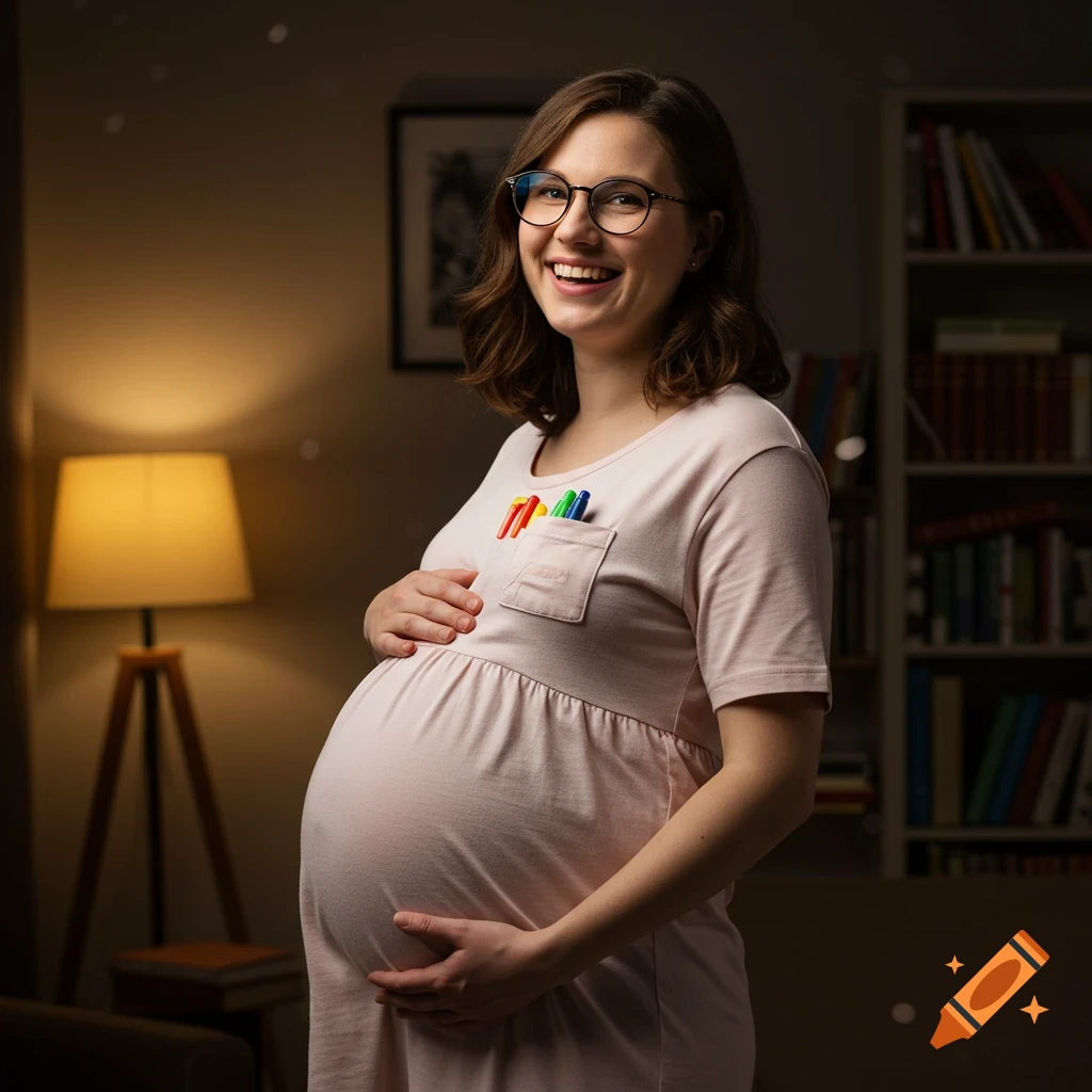 A smiling pregnant woman with glasses, wearing a light pink dress, holding her belly, in a dimly lit room with a lamp and bookshelf.