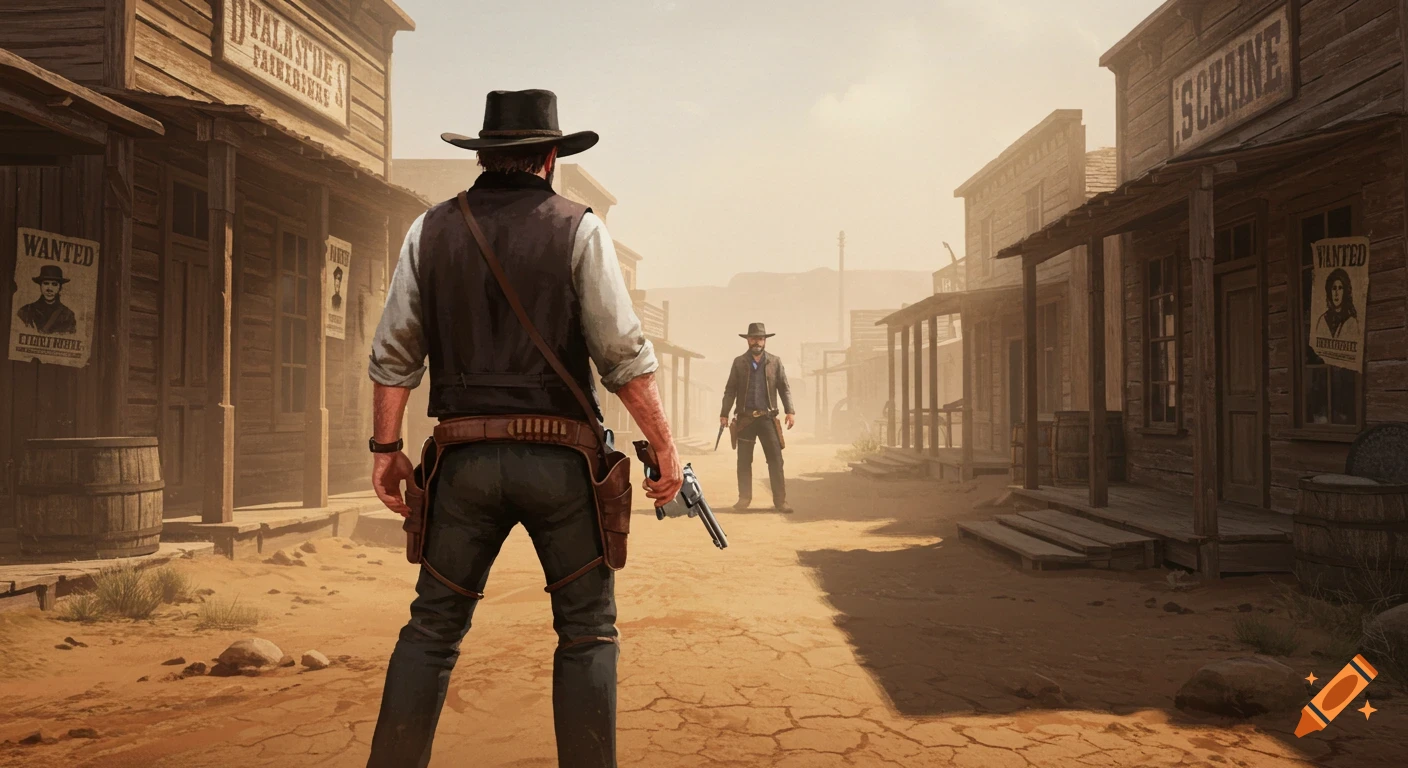 Two gunfighters face off in a dusty Wild West town, with one seen from behind reaching for his gun.
