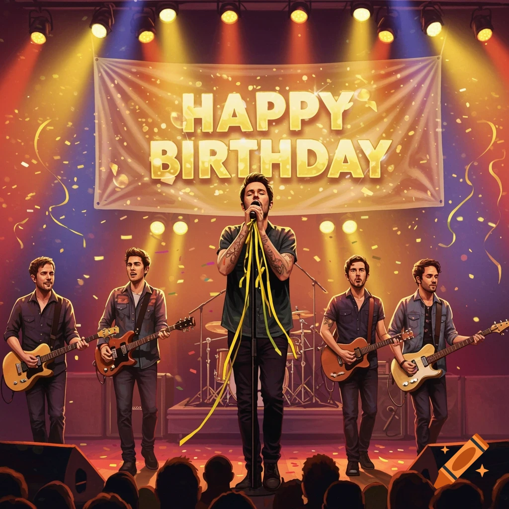 A band performs on stage under colorful spotlights with confetti falling and a 'HAPPY BIRTHDAY' banner in the background.