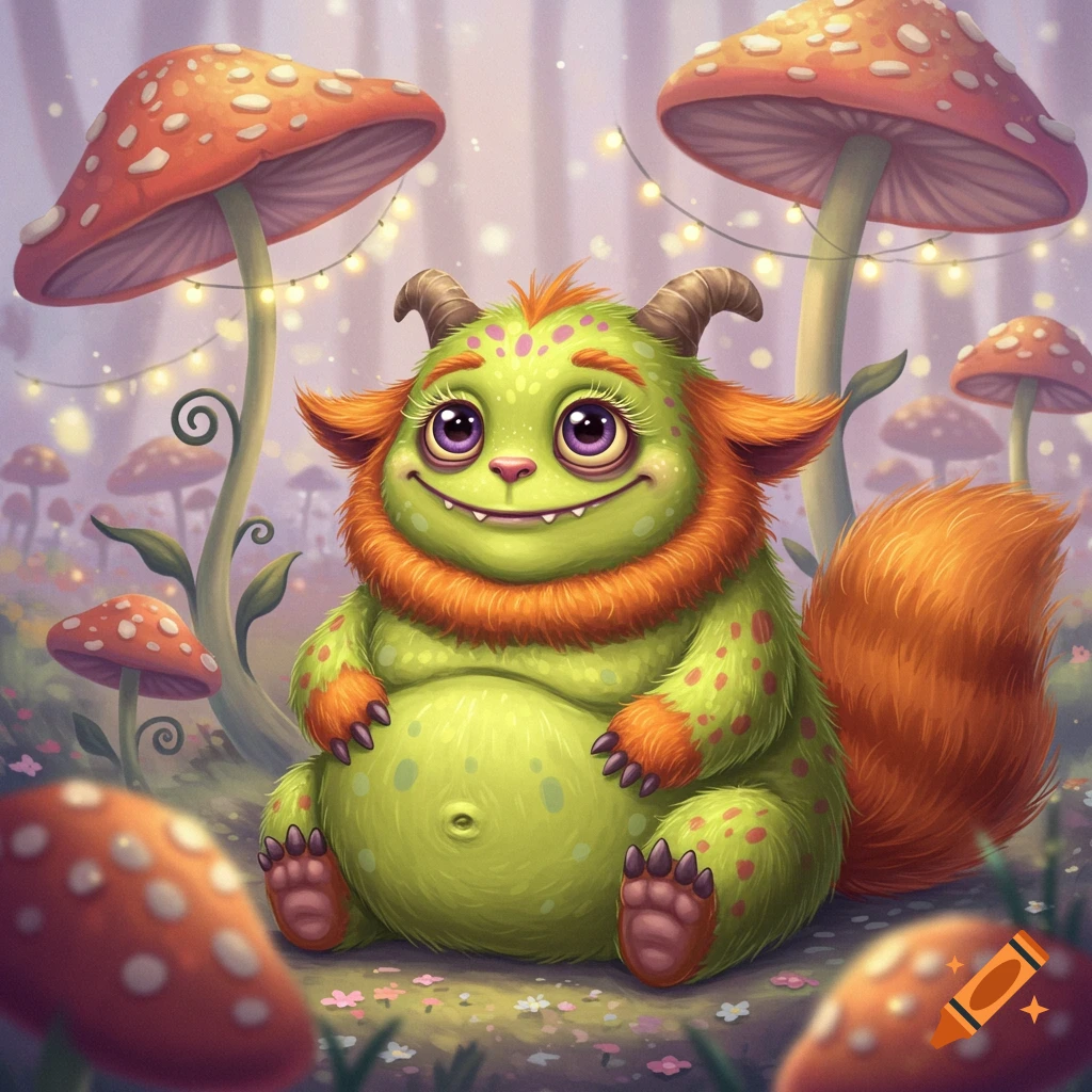 A cute green furry monster with orange fur, horns, and purple eyes sits among large red and white spotted mushrooms in a whimsical forest.