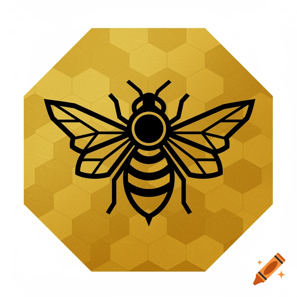 A black bee stylized as a geometric icon against a golden honeycomb pattern inside an octagon.