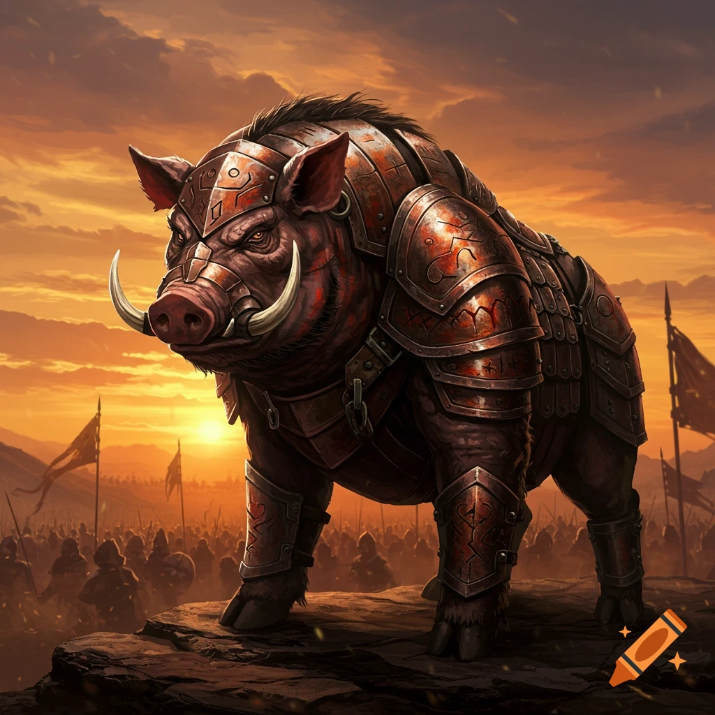 An epic fantasy art illustration of a heavily armored boar standing on a rocky hill overlooking an army at sunset.