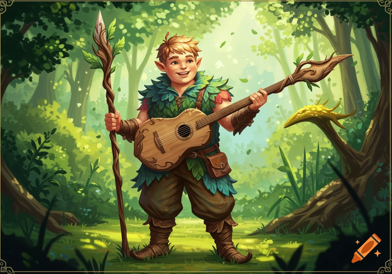 A smiling, fair-haired fantasy character with pointed ears and leafy clothing holds a wooden staff and a stylized guitar in a bright forest.