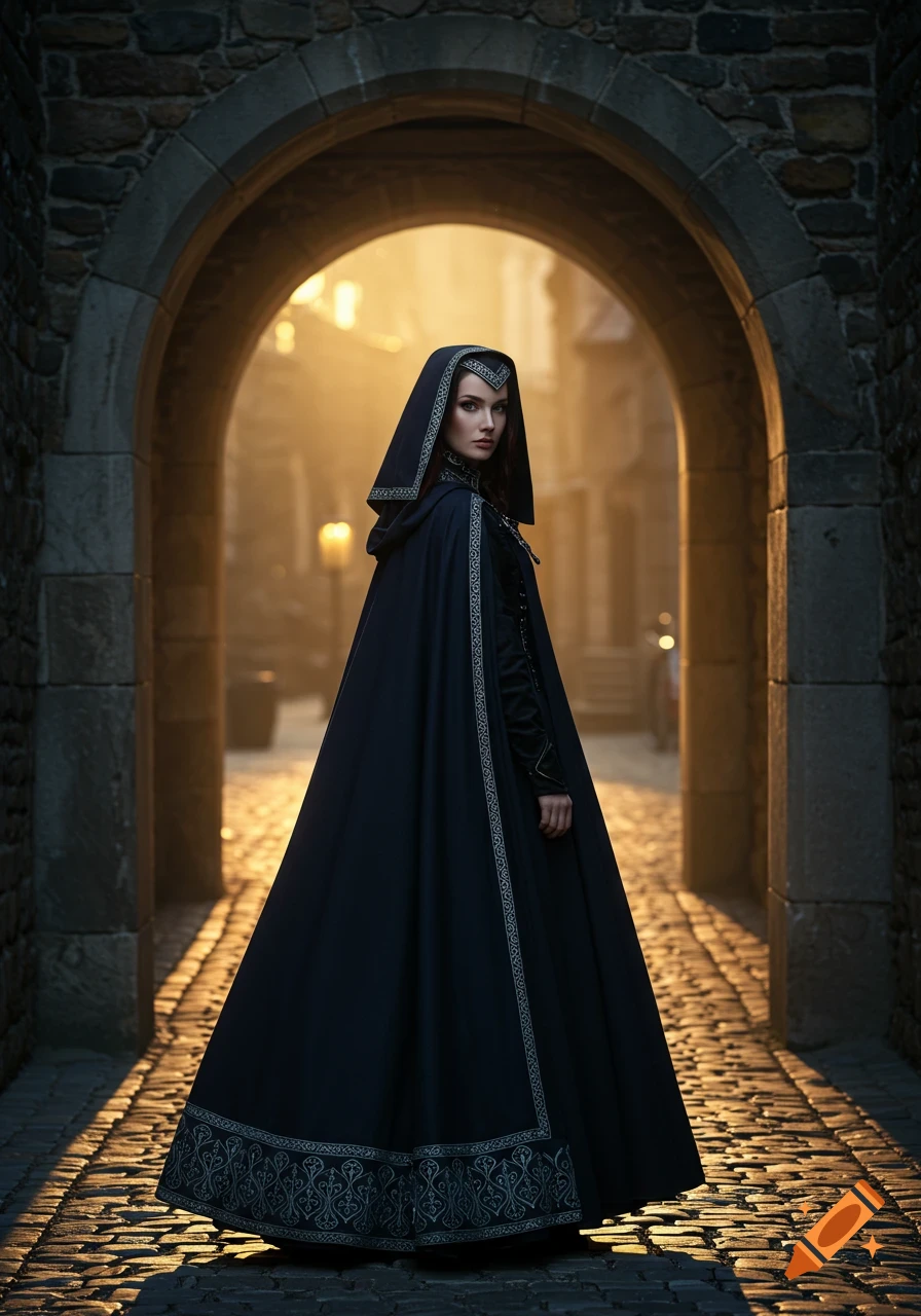 A woman in a navy blue cape and hood with silver trim stands in a cobblestone archway at dusk.