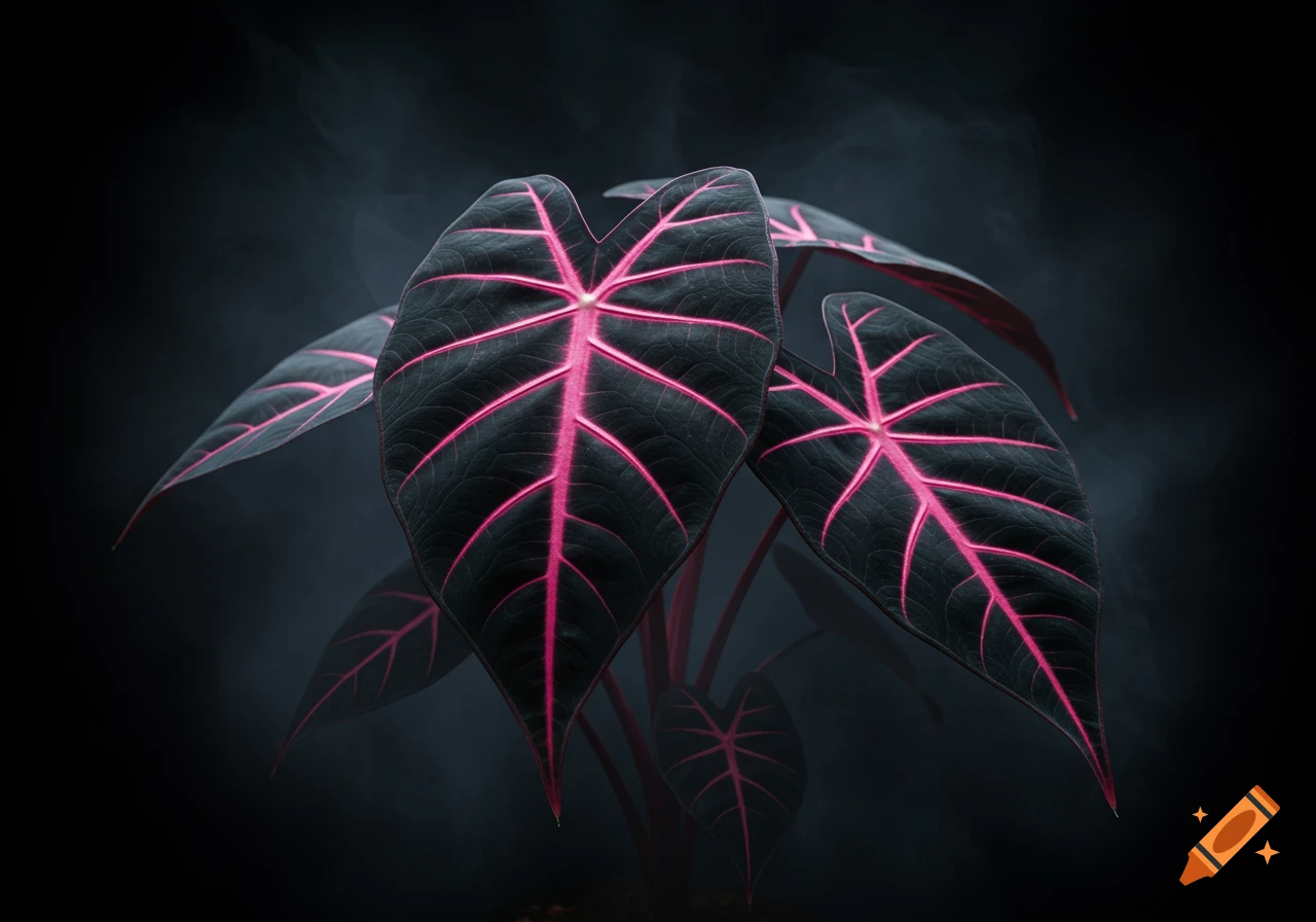 A close-up of a black alocasia plant with bright pink veins on its leaves, set against a dark, smoky background.