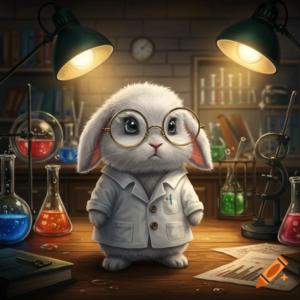 A cute white fluffy bunny in a lab coat and round glasses stands in a glowing science laboratory with beakers and flasks.