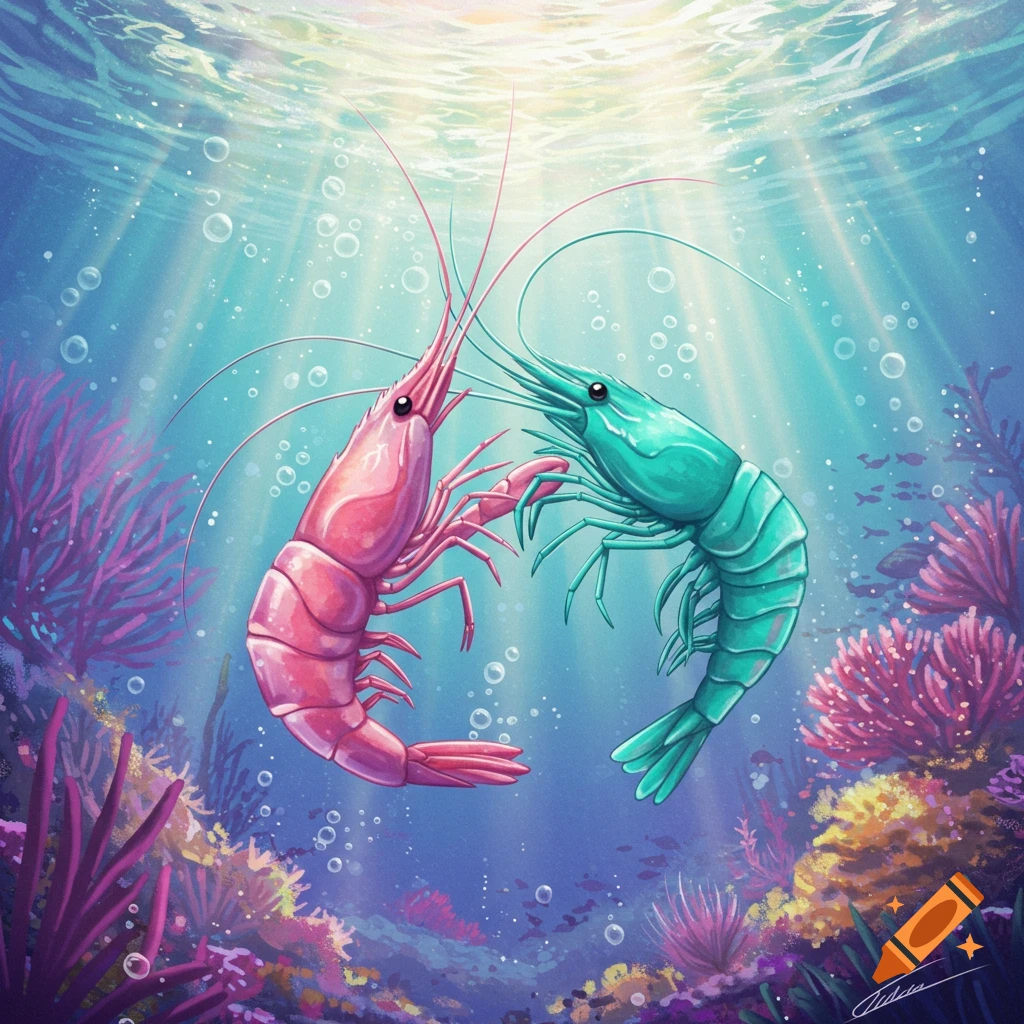 A whimsical illustration of a pink shrimp and a teal shrimp facing each other underwater amidst colorful coral reefs with sunbeams.