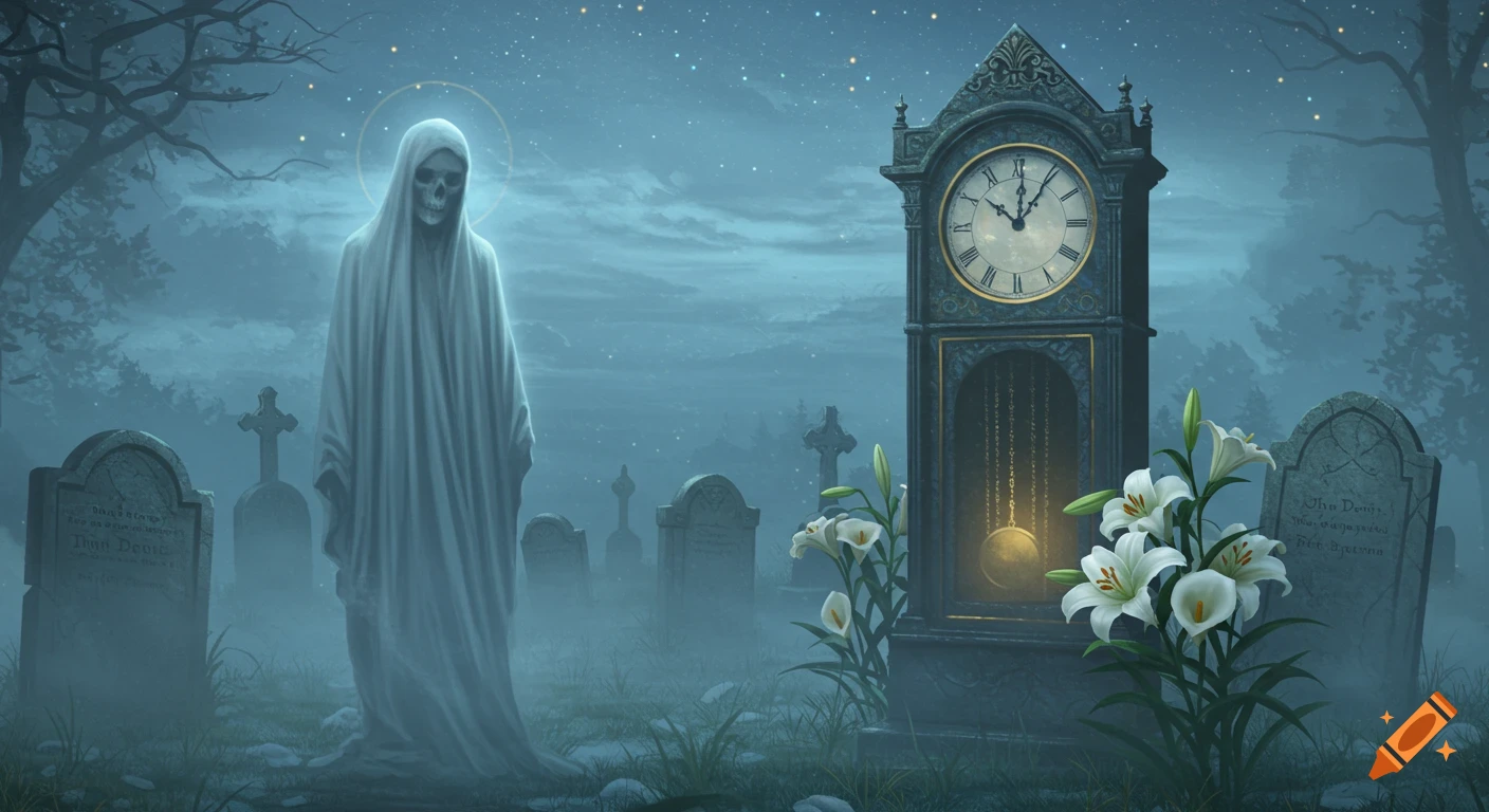 A ghostly figure stands in a foggy cemetery with a tall grandfather clock and white lilies under a starry night sky.