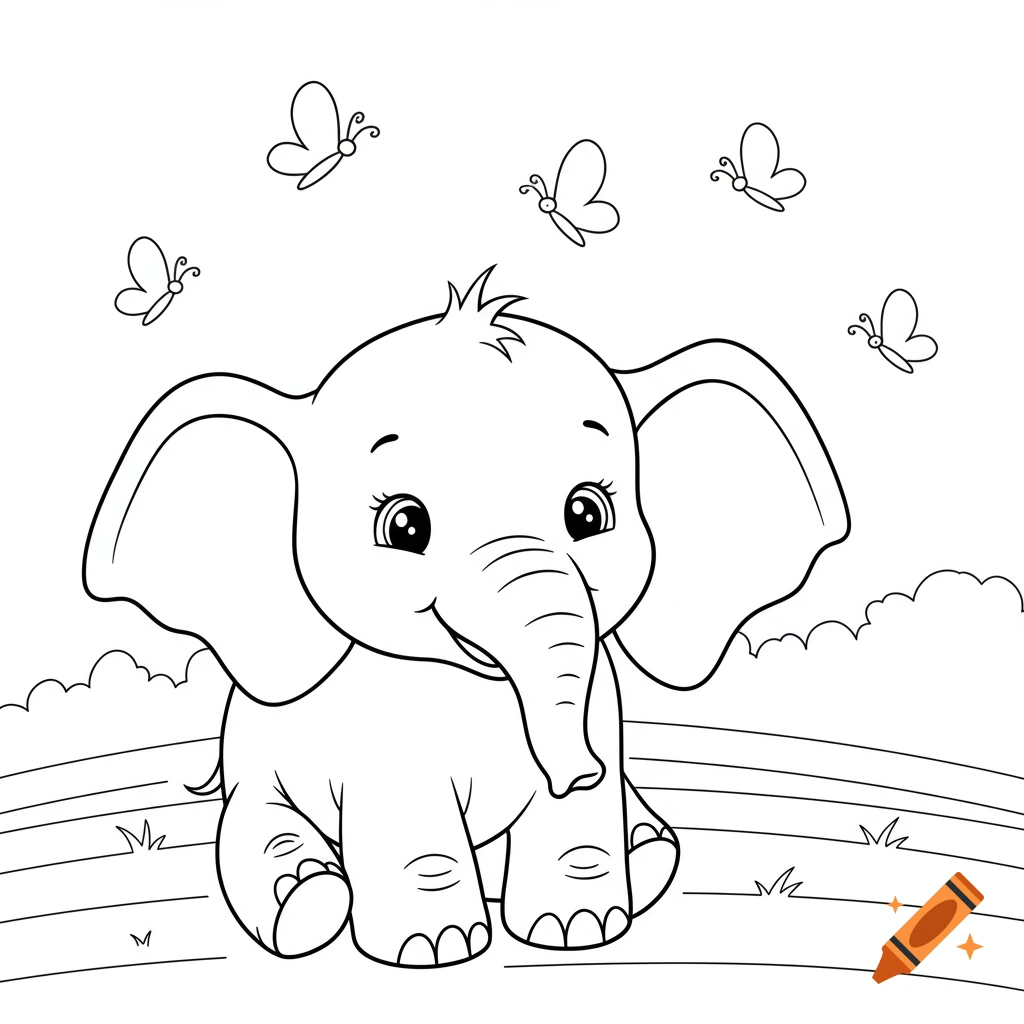 A black and white line art coloring page of a cute baby elephant sitting in a field with butterflies.