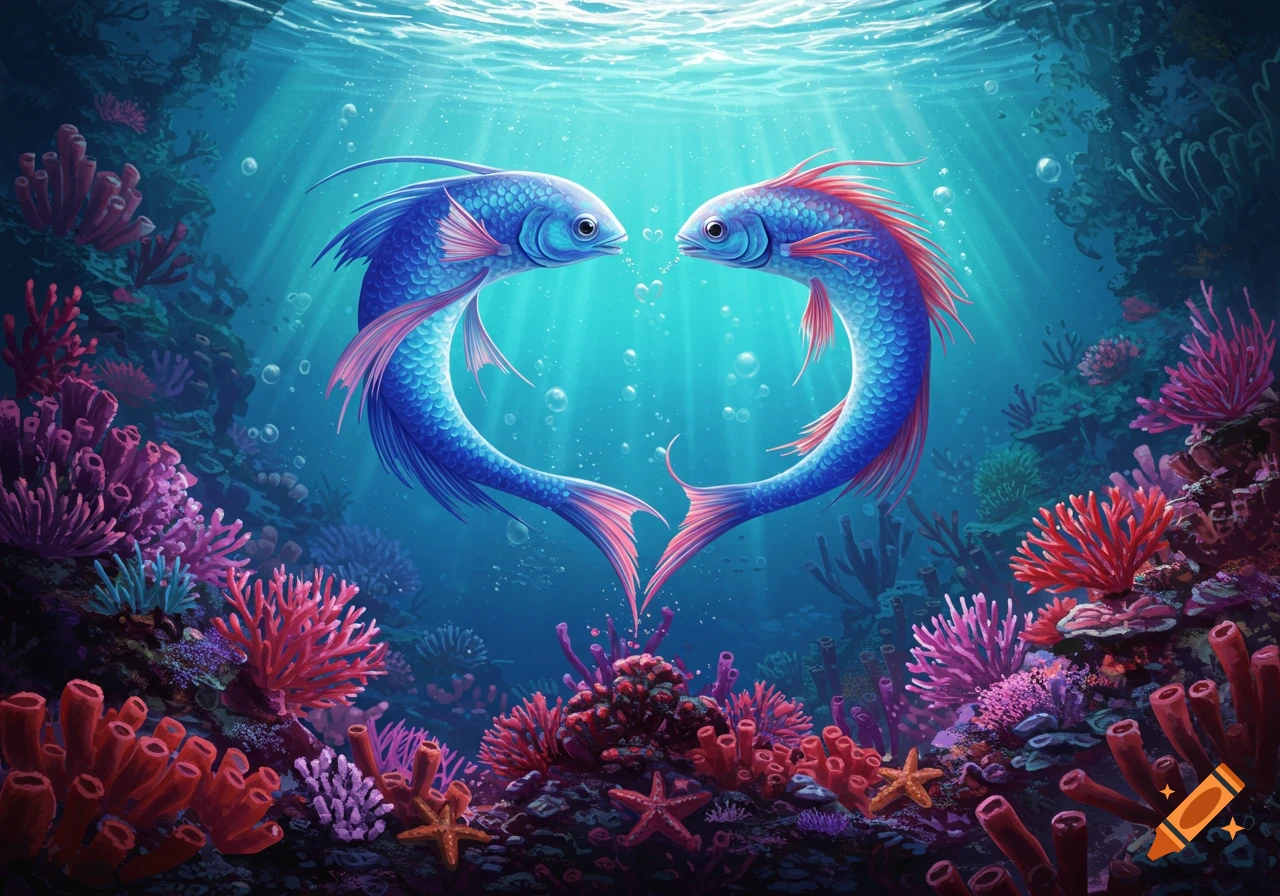 Two blue and pink fish form a heart shape underwater amidst vibrant coral and starfish, with sun rays from above.