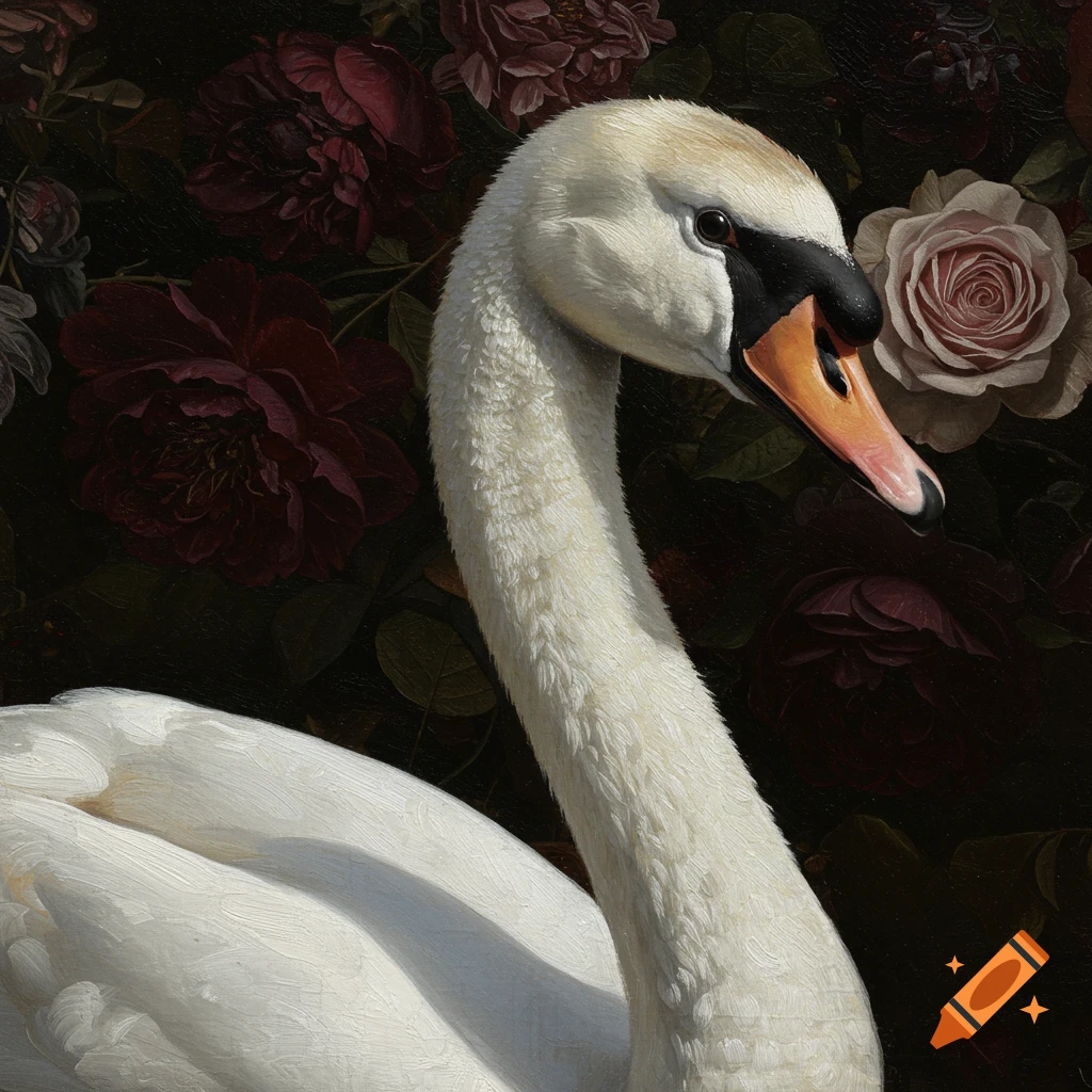 A Victorian era oil painting closeup of a white swan's head and neck against a dark floral background with red and pink roses.