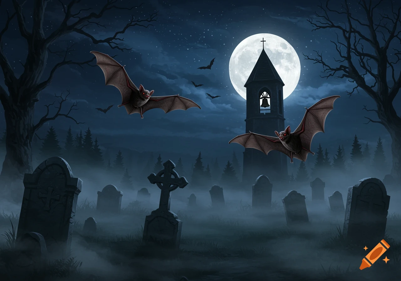 Two vampire bats flying over a foggy graveyard at night, with a full moon behind a tall church belfry.