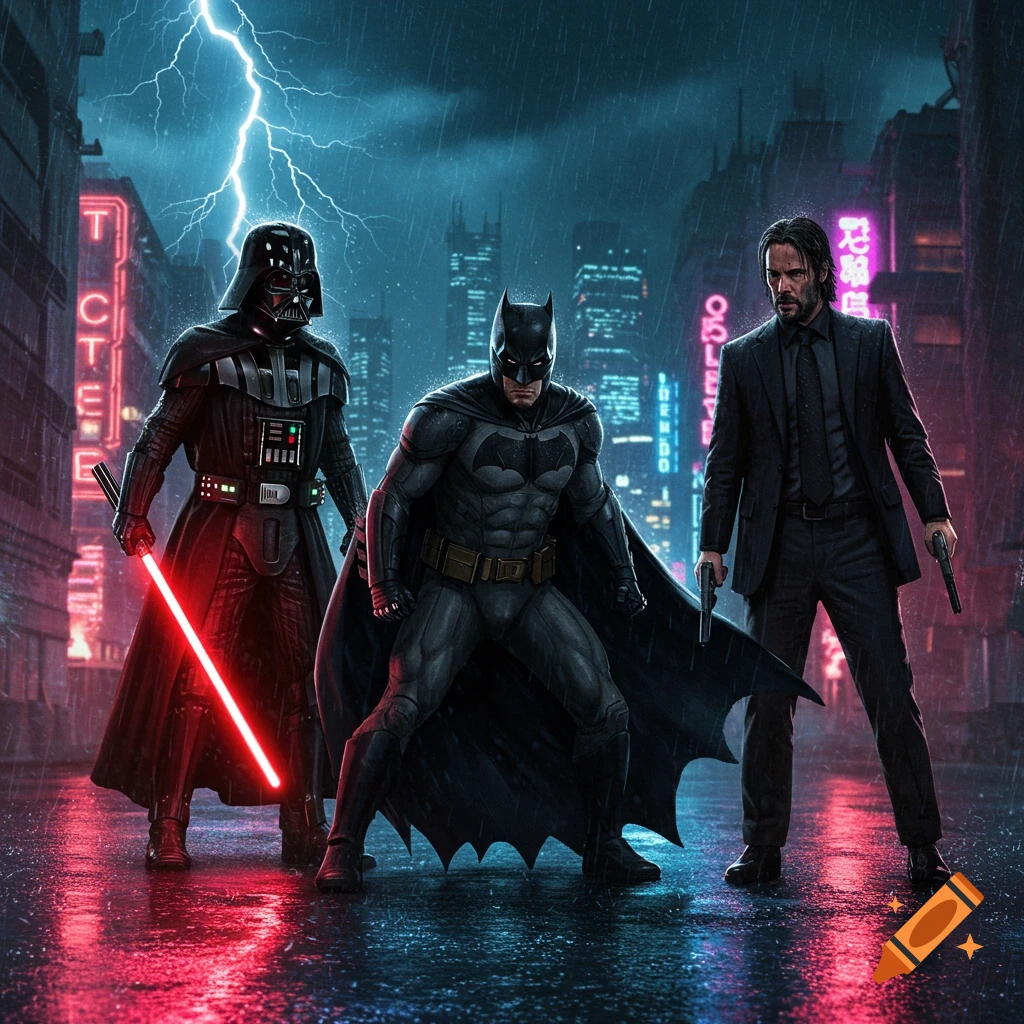 Darth Vader, Batman, and John Wick stand together in a rainy, neon-lit cyberpunk city street under a lightning storm. Vader holds a red lightsaber, Batman poses heroically, and John Wick holds two pistols.