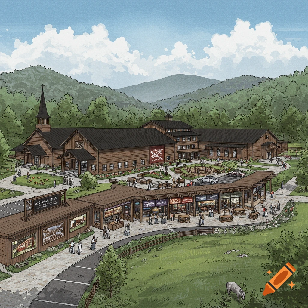 Conceptual drawing of a large Appalachian museum complex with a church, shops, and outdoor activity areas, set against mountains.