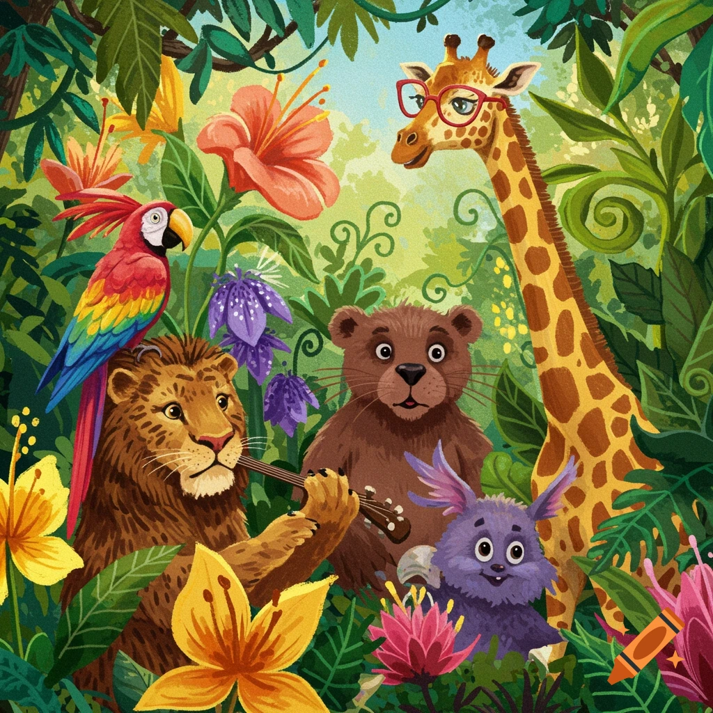 An oil pastel illustration of a colorful jungle scene with a giraffe, lion playing a ukulele, parrot, bear, and purple rabbit among vibrant plants and flowers.