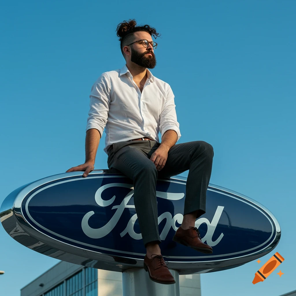 Man with beard and glasses sitting on a large blue Ford logo against a clear sky.