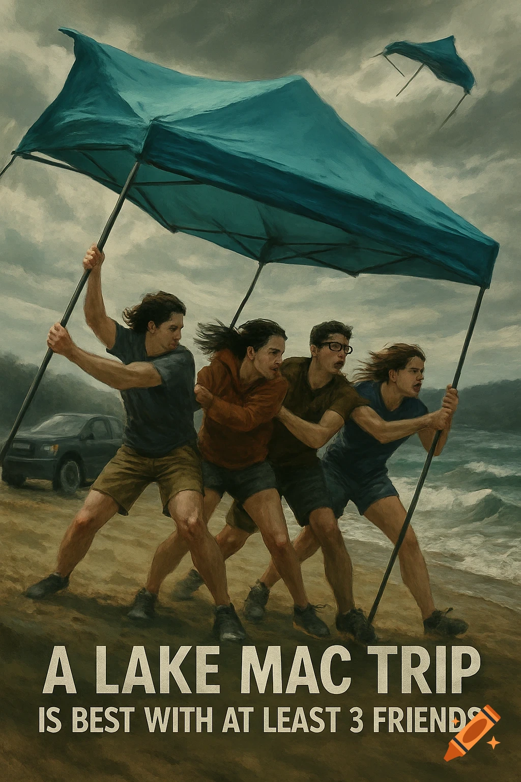 Four friends struggle to hold a turquoise canopy against strong winds at a stormy lake in a painterly style. Text: A Lake Mac trip is best with at least 3 friends.